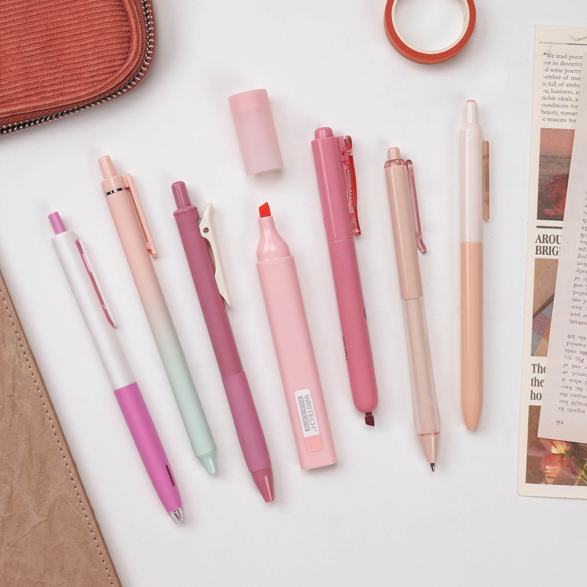 Writech Color Coded Writing Set - Set of 7, Sakura Fall, contents fanned out on tabletop
