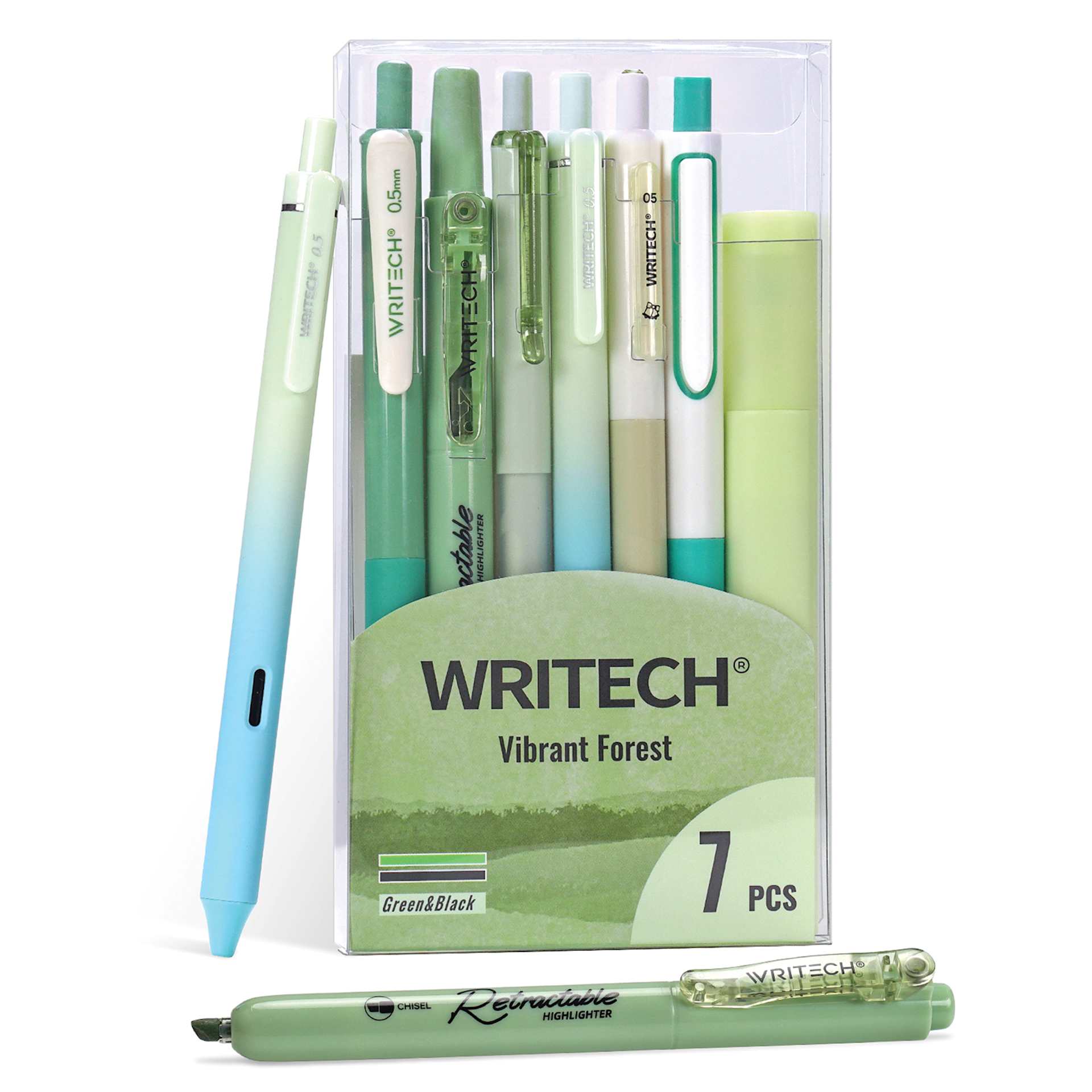 Writech Color Coded Writing Set - Set of 7, Vibrant Forest, pens with packaging