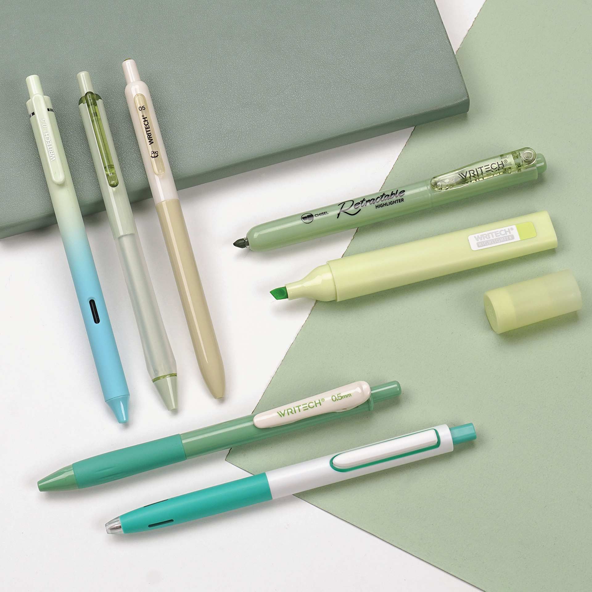Writech Color Coded Writing Set - Set of 7, Vibrant Forest, contents with stationary