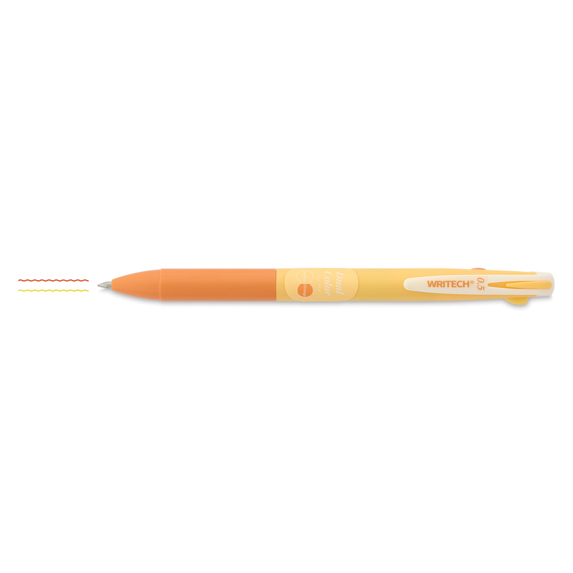 Writech Dual Color Gel Pen - Yellow/Orange, with swatches