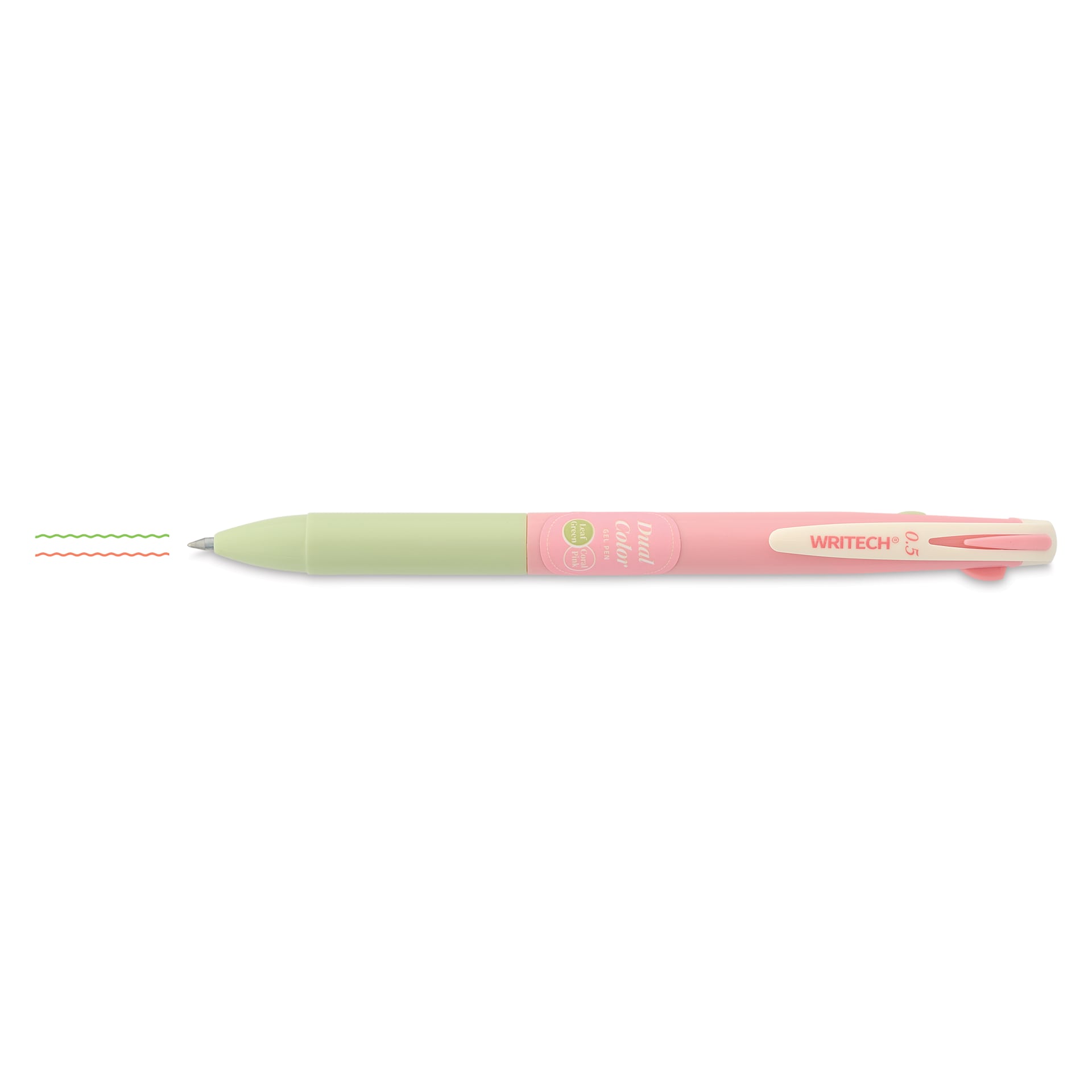Writech Dual Color Gel Pen - Coral Pink/Leaf Green, with swatches