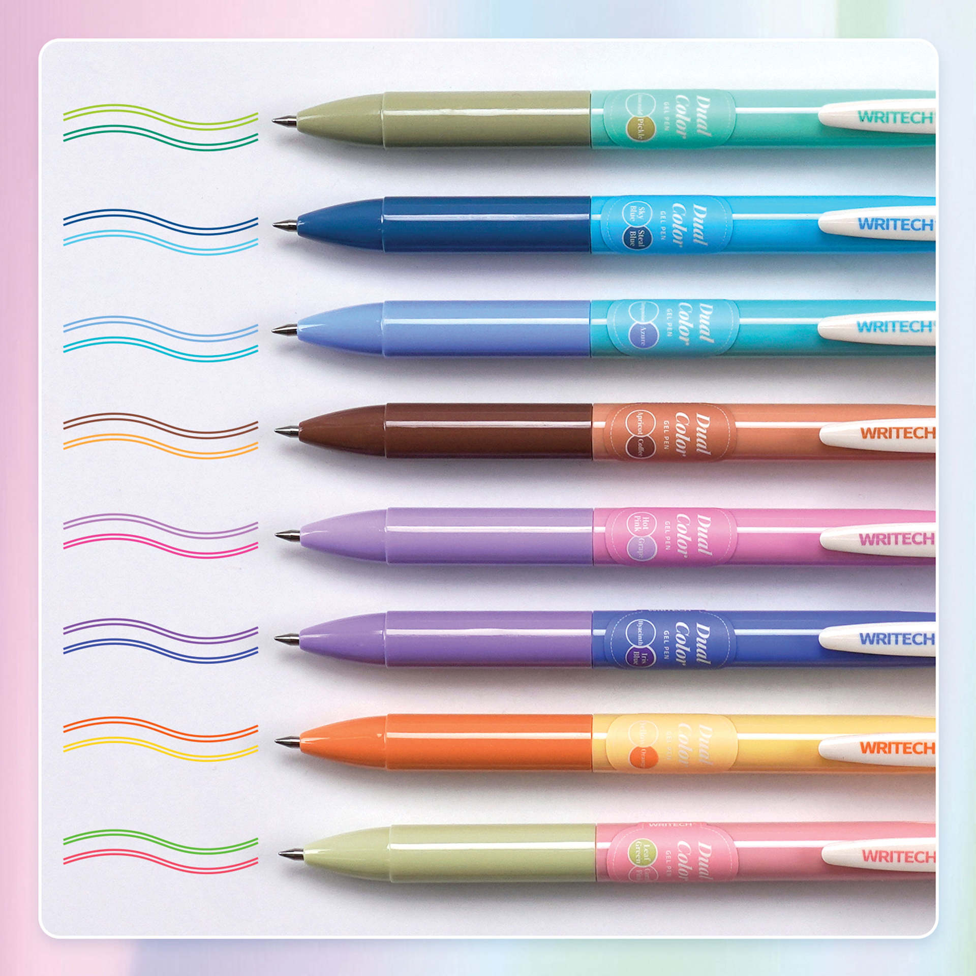 Writech Dual Color Gel Pens and Sets, example of dual colors on paper