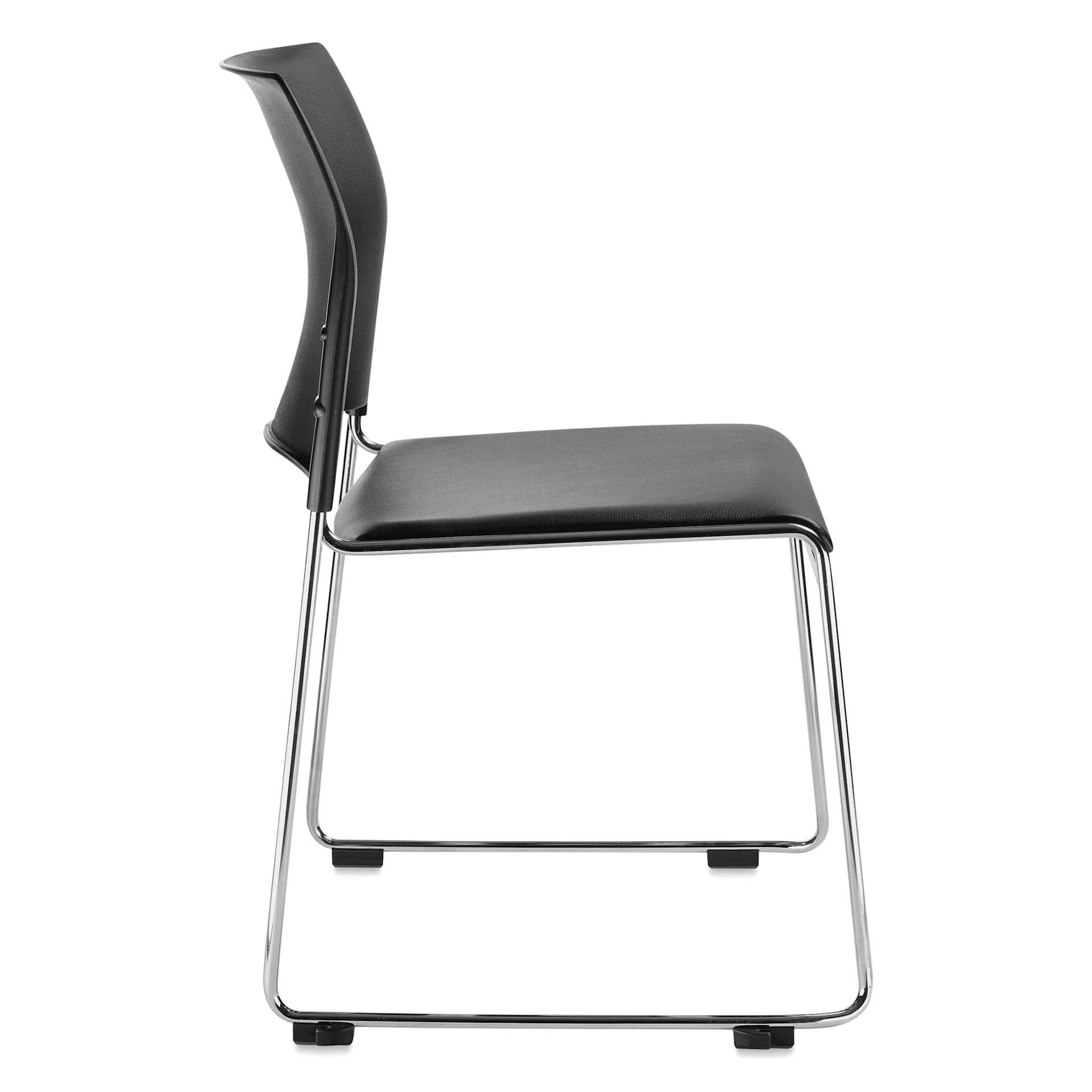 NPS Cafetorium Vinyl Stack Chair - Black, side of chair
