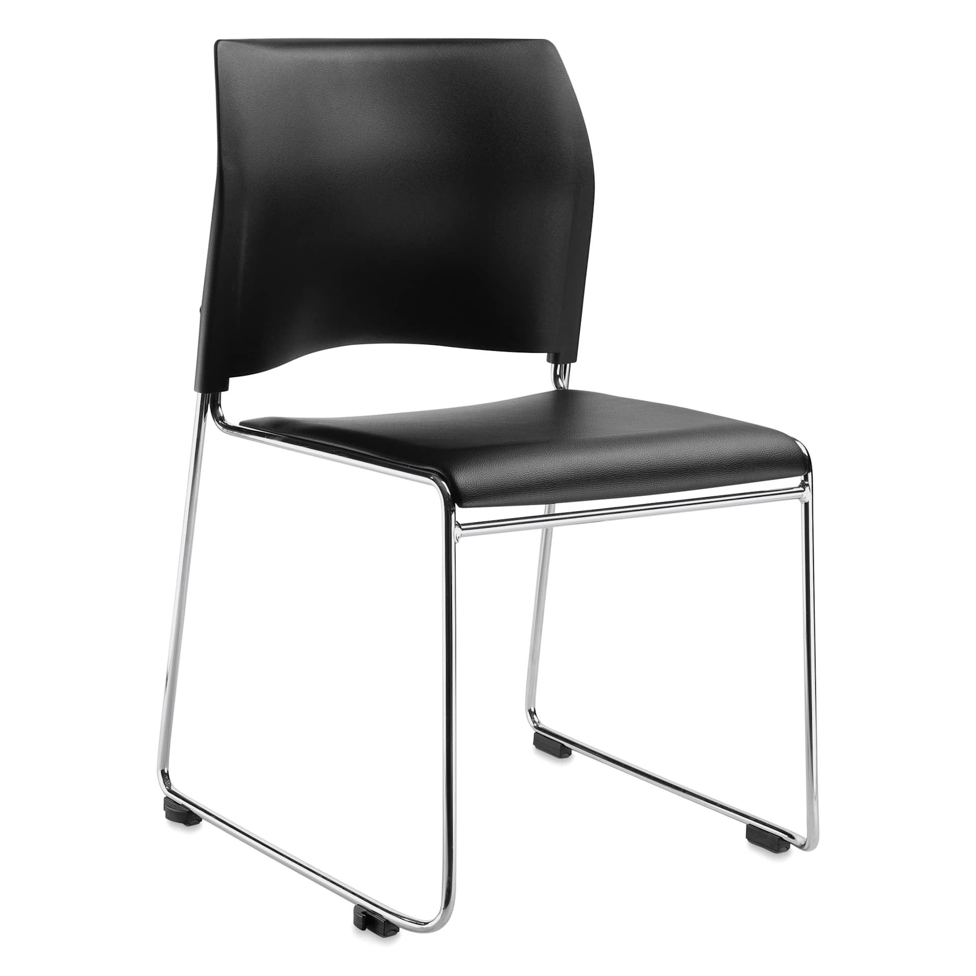 NPS Cafetorium Vinyl Stack Chair - Black, at an angle