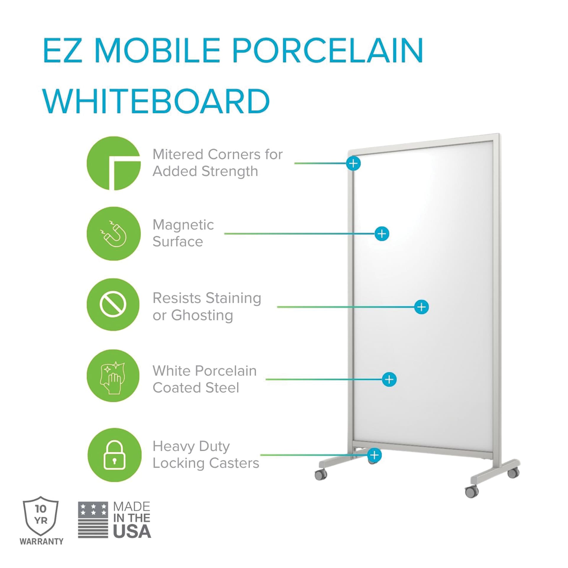 EZ Mobile Porcelain Whiteboard. Mitered corners for added strength. Magnetic surface. Resists staining or ghosting. White porcelain coated steel. Heavy duty locking casters. Made in the USA. Ten-year warranty. 