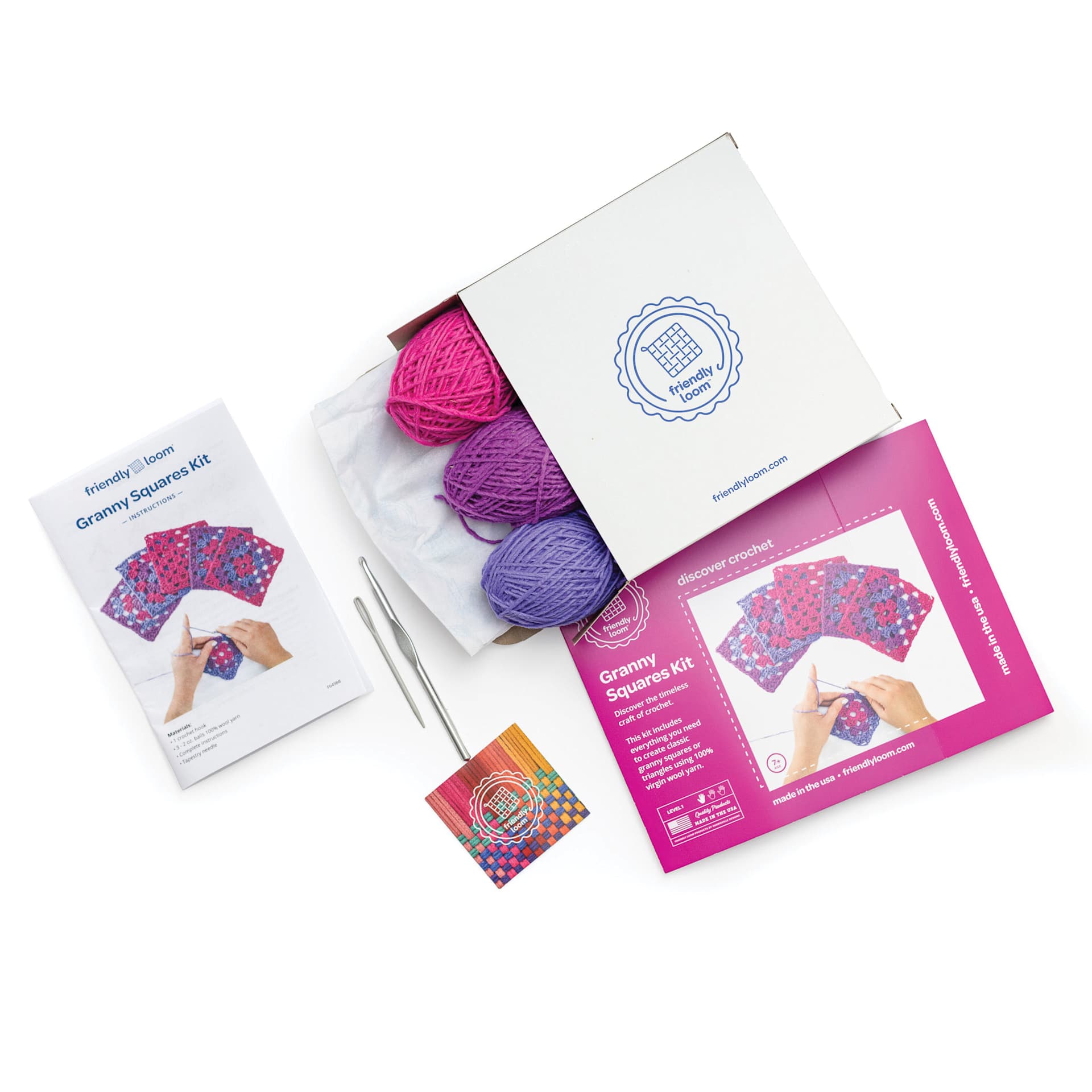 Friendly Loom Explore Crochet Granny Square Kit - Berry contents