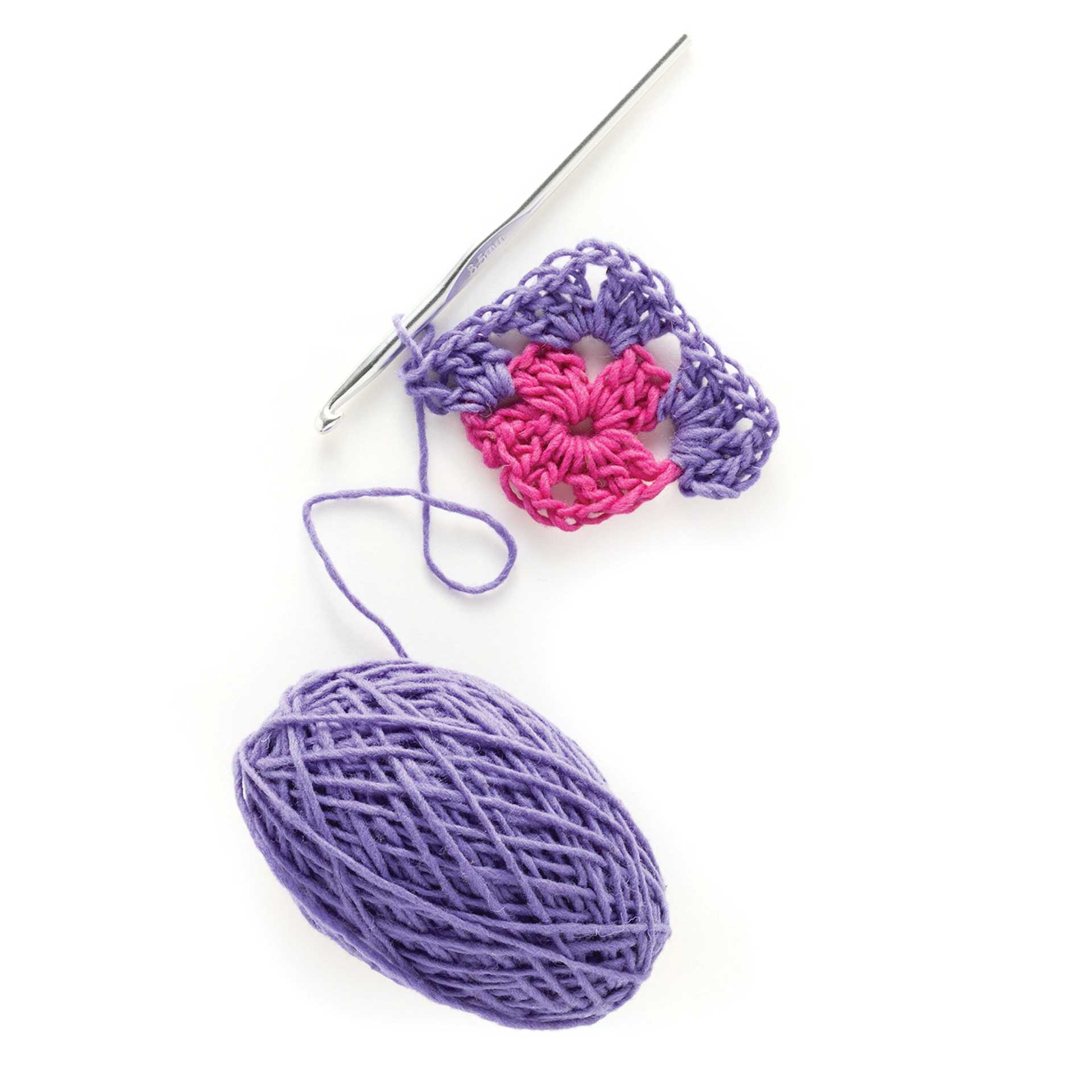 Friendly Loom Explore Crochet Granny Square Kit - Berry showing in progress granny square in violet and pink