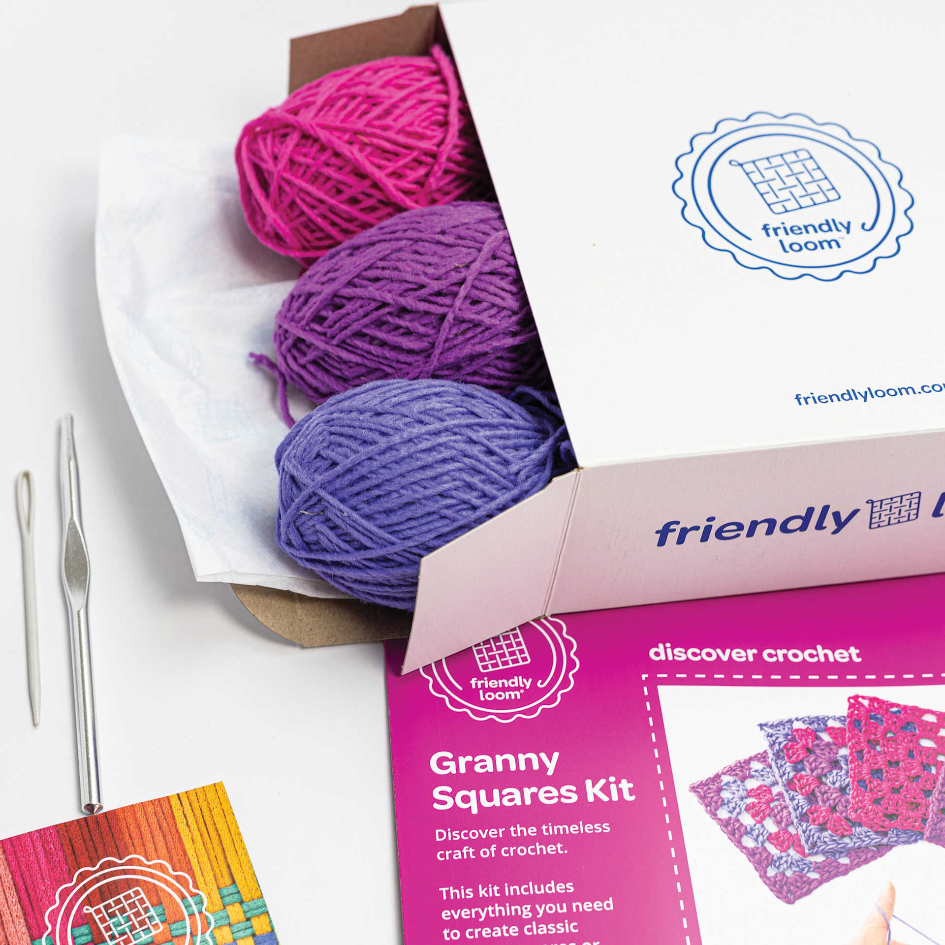 Friendly Loom Explore Crochet Granny Square Kit - Berry contents laying on table