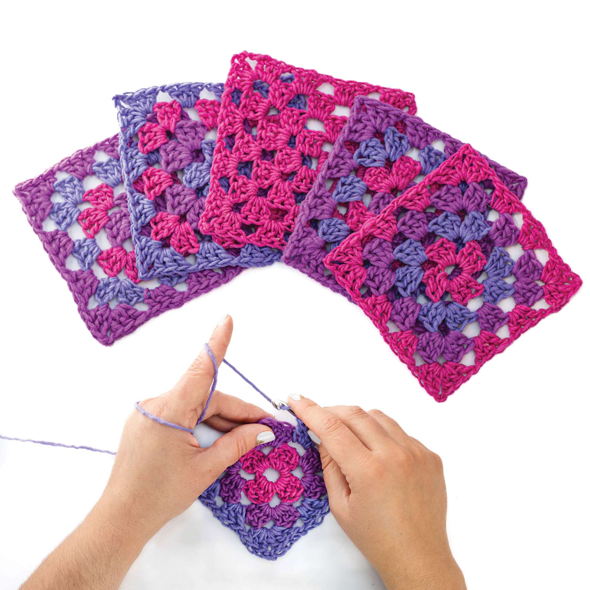 Friendly Loom Explore Crochet Granny Square Kit - Berry showing completed granny squares