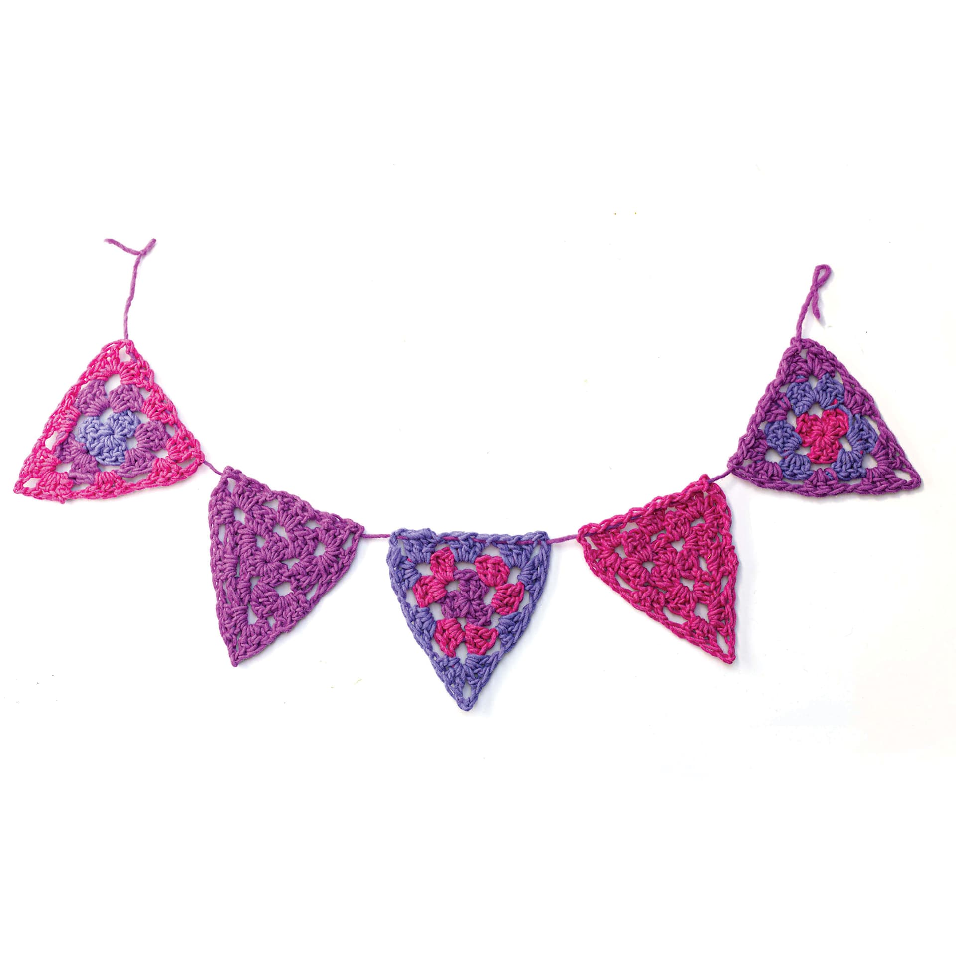 Friendly Loom Explore Crochet Granny Square Kit - Berry showing completed triangle bunting project