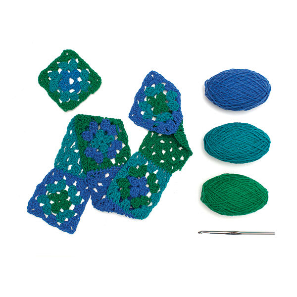 Friendly Loom Discover Crochet Scarf Kit - Ocean completed project with contents