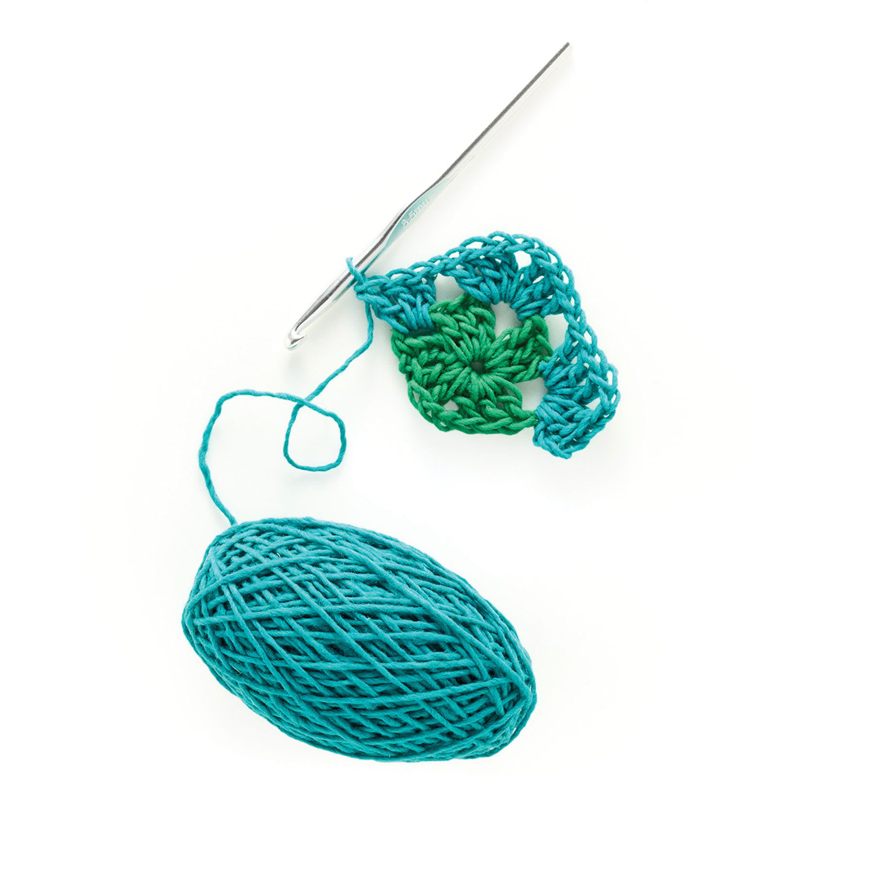 Friendly Loom Explore Crochet Granny Square Kit - Ocean showing in progress granny square in green and blue