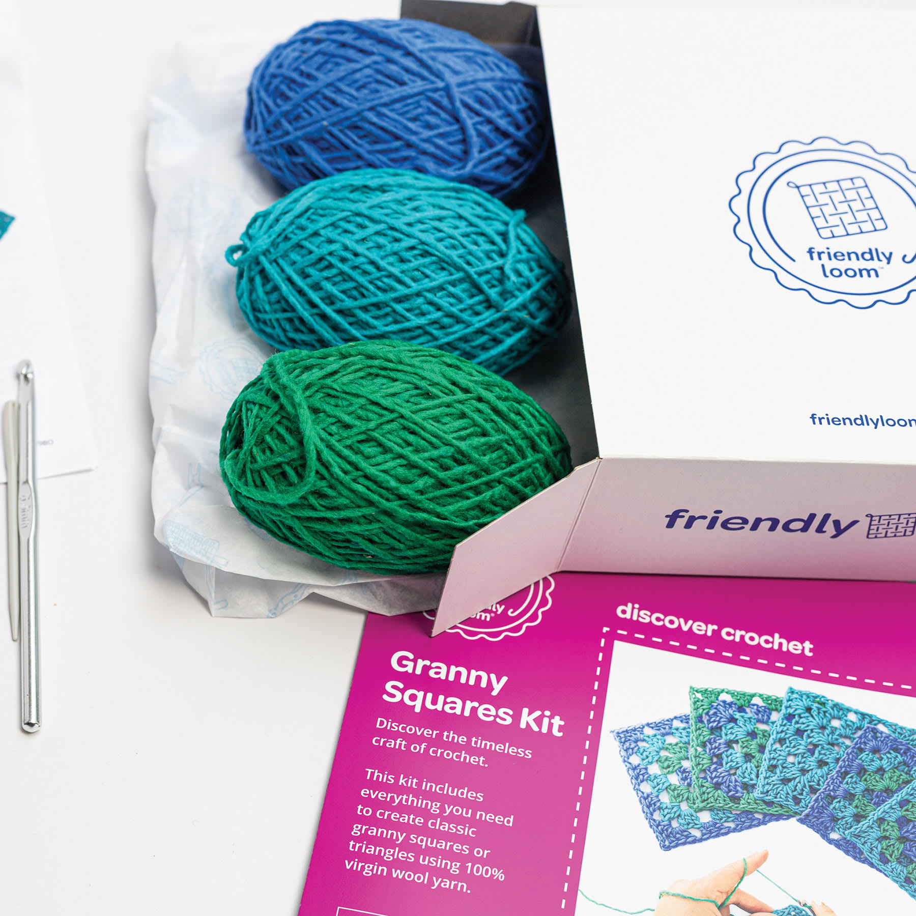 Friendly Loom Explore Crochet Granny Square Kit - Ocean contents on table