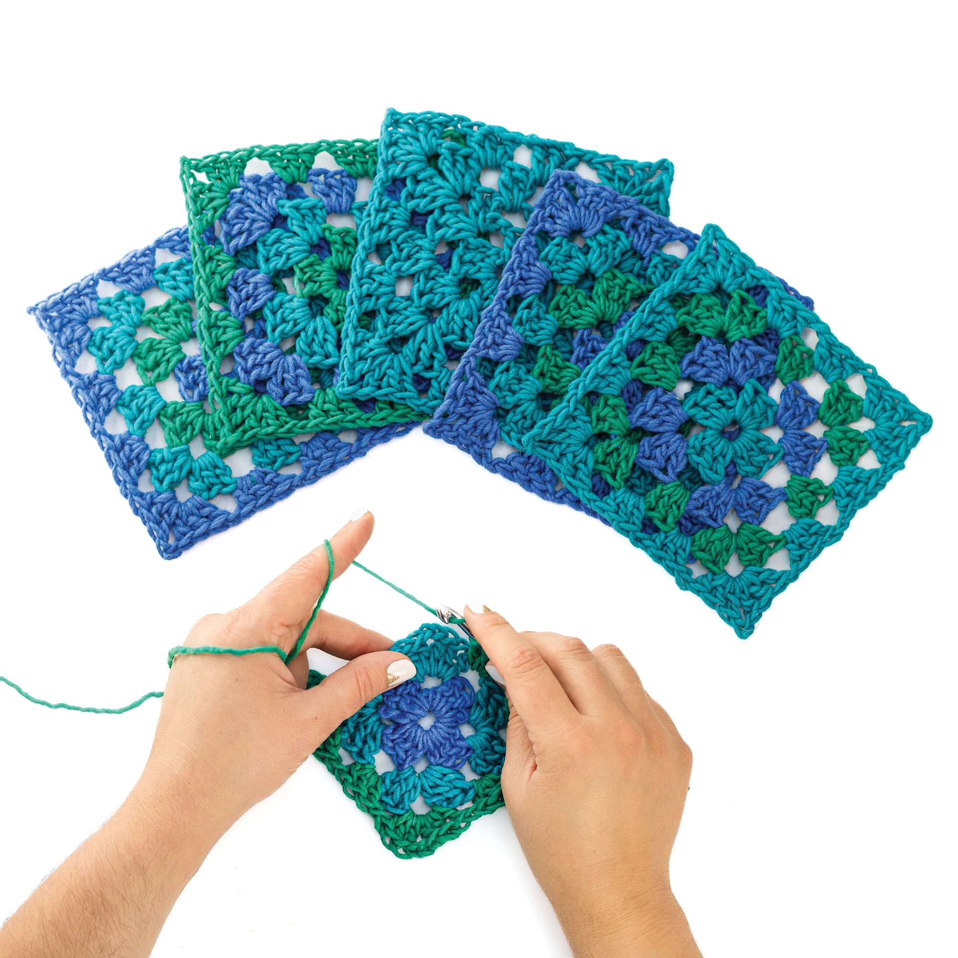Friendly Loom Explore Crochet Granny Square Kit - Ocean showing completed granny squares