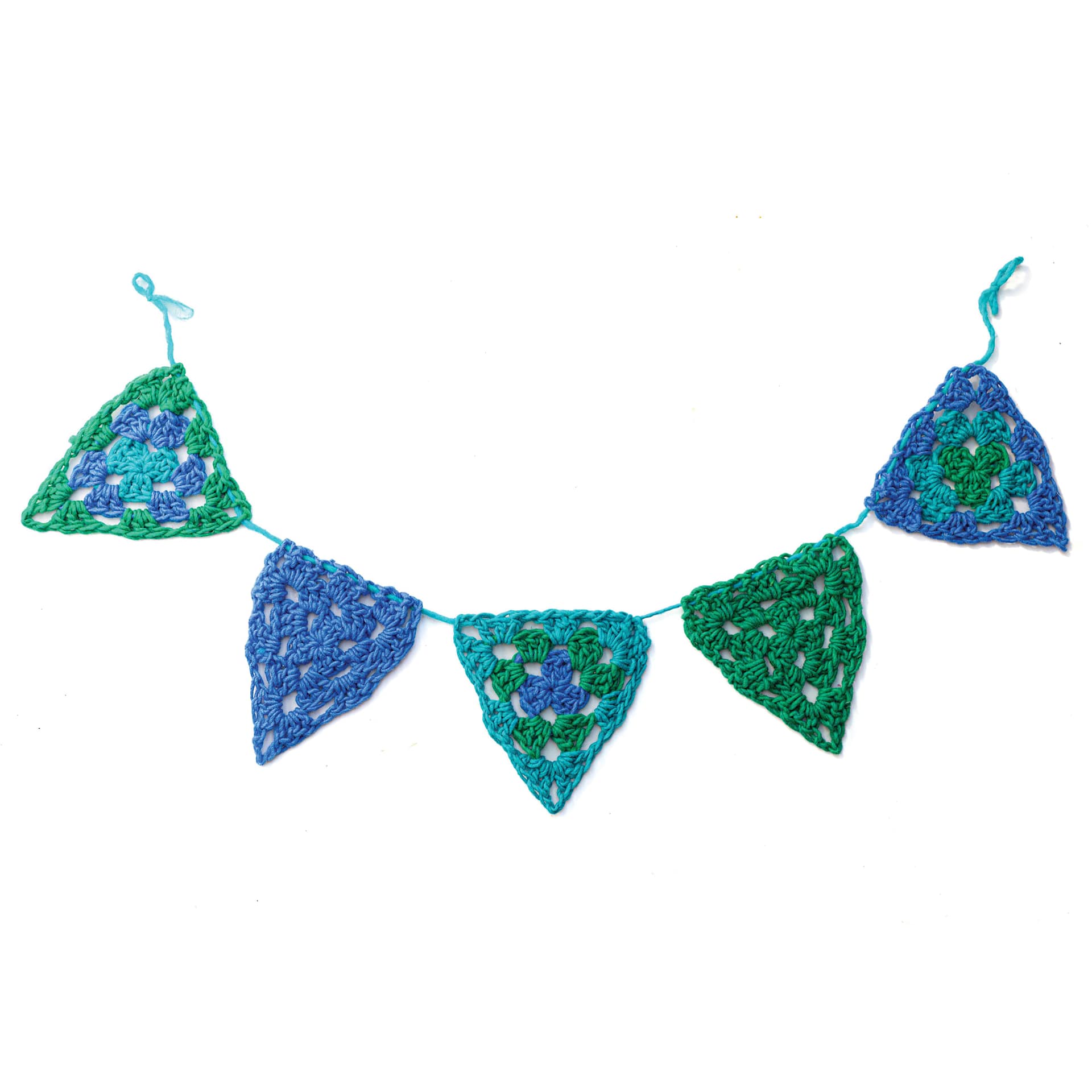 Friendly Loom Explore Crochet Granny Square Kit - Ocean shoiwng completed triangle bunting project