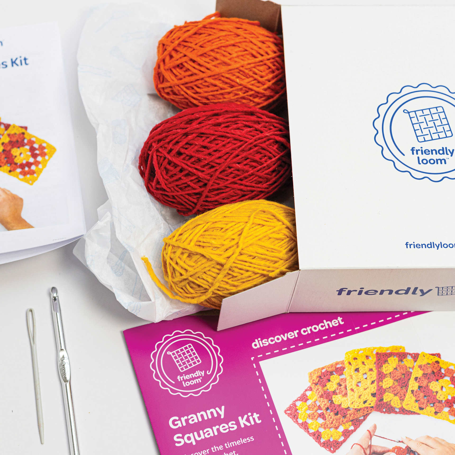 Friendly Loom Explore Crochet Granny Square Kit - Sunset contents laying on table