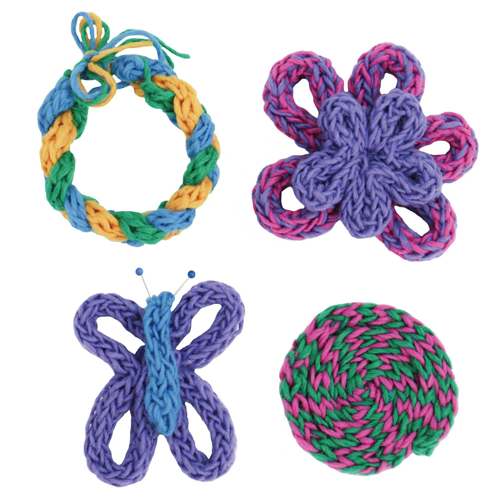 Friendly Loom Discover Knitting Spool Kit showing completed projects