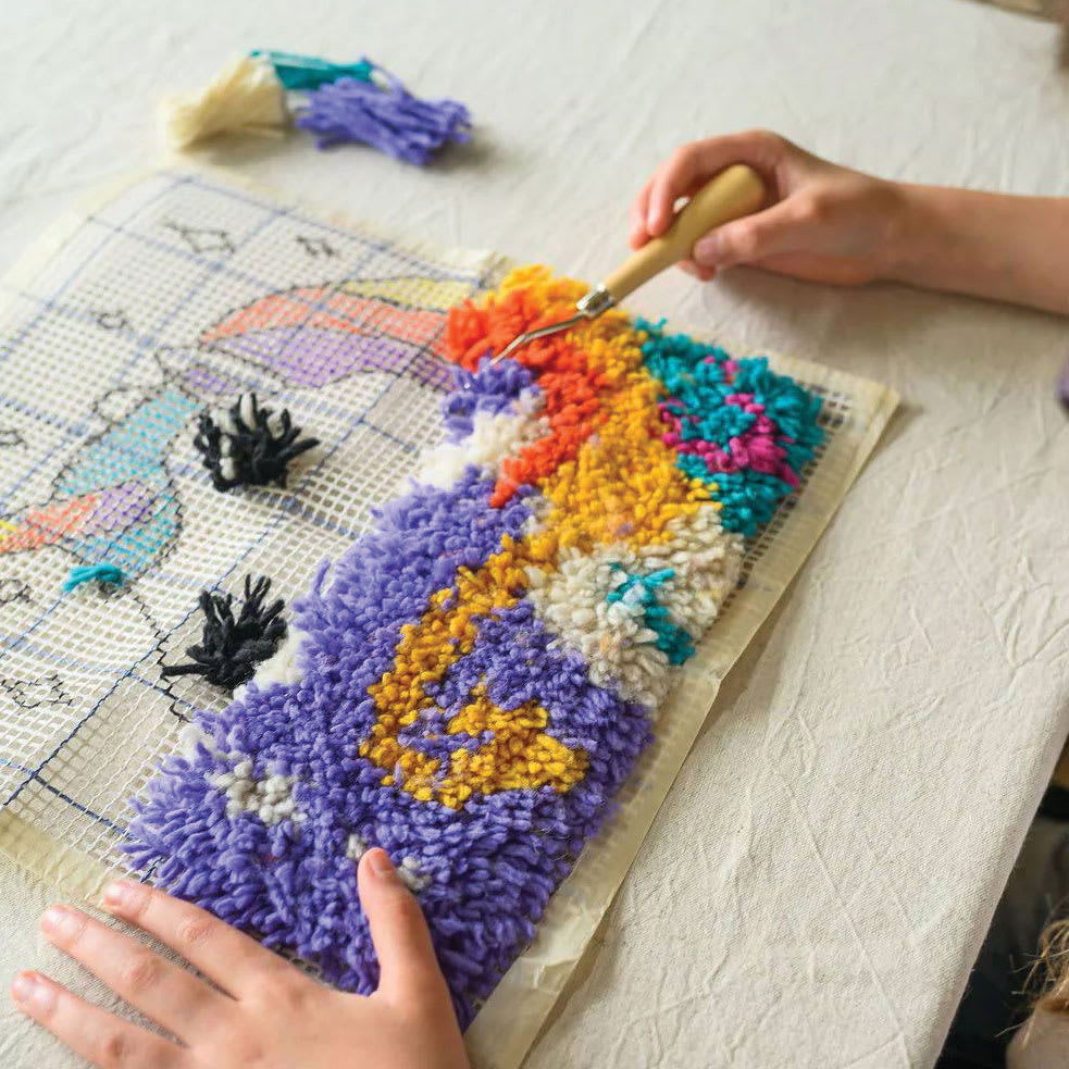 Friendly Loom Discover Latch Hooking Kit - Unicorn halfway completed project