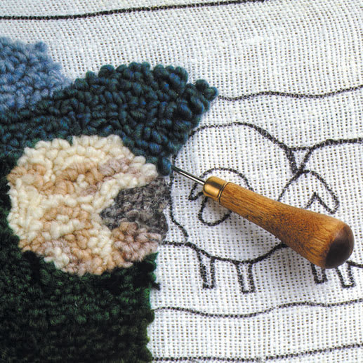 Friendly Loom Discover Rug Hooking Kit - Sheep, 5" x 7" close up of sheep being completed