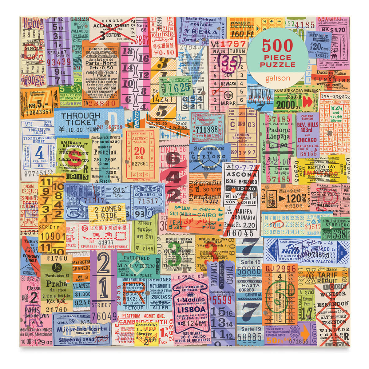 Galison Vintage Travel Tickets 500 Piece Puzzle, Front Of Box