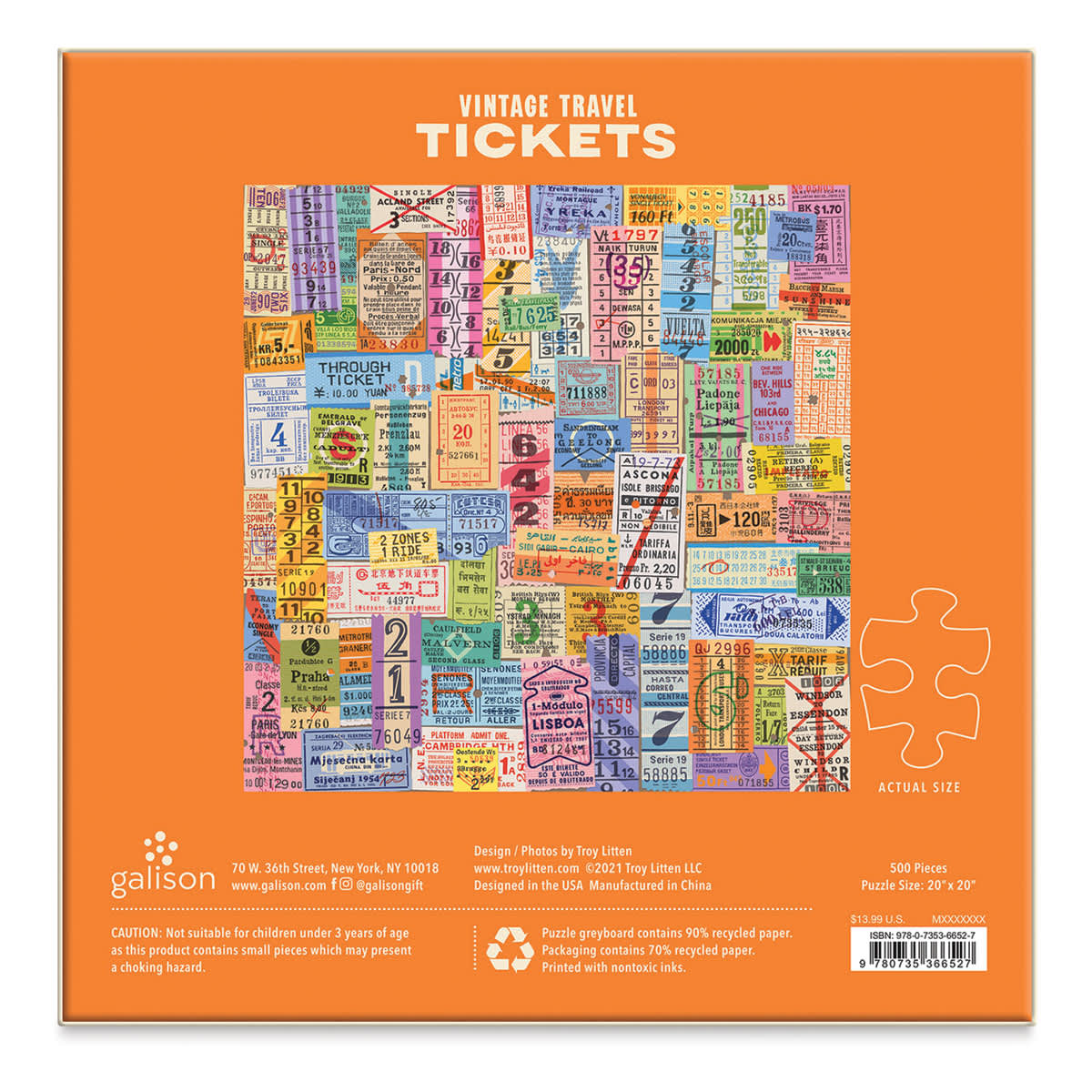 Galison Vintage Travel Tickets 500 Piece Puzzle, Back Of Box
