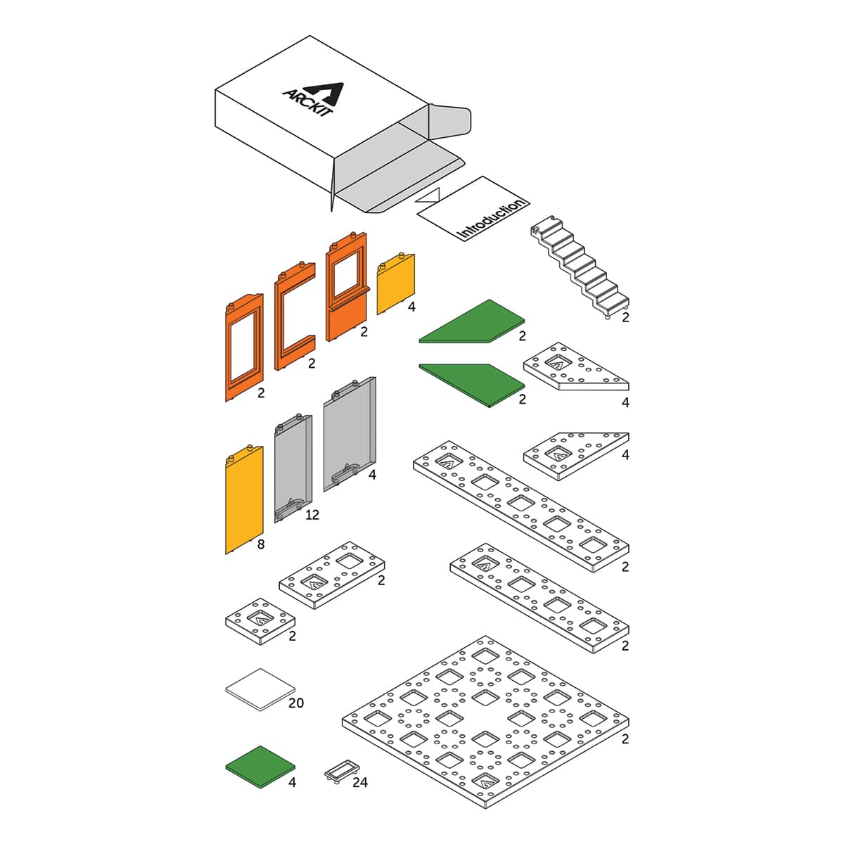 Arckit Mini Modern Colours 2.0 Architectural Kit - Components of kit shown