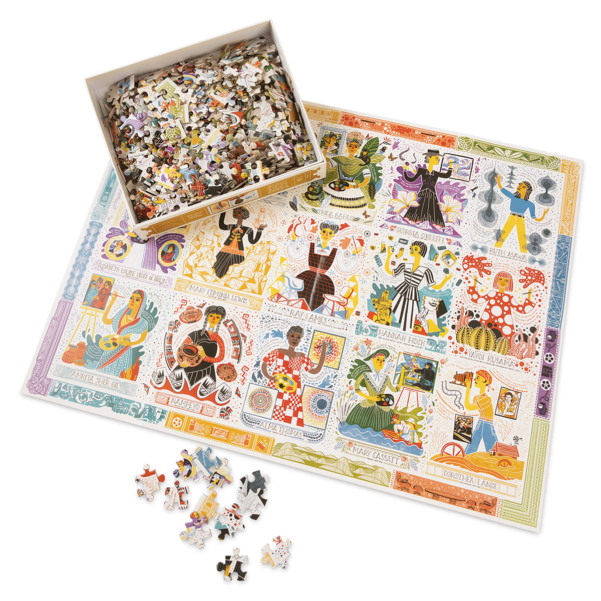 Women in Art 500 Piece Puzzle, Completed puzzle with pieces
