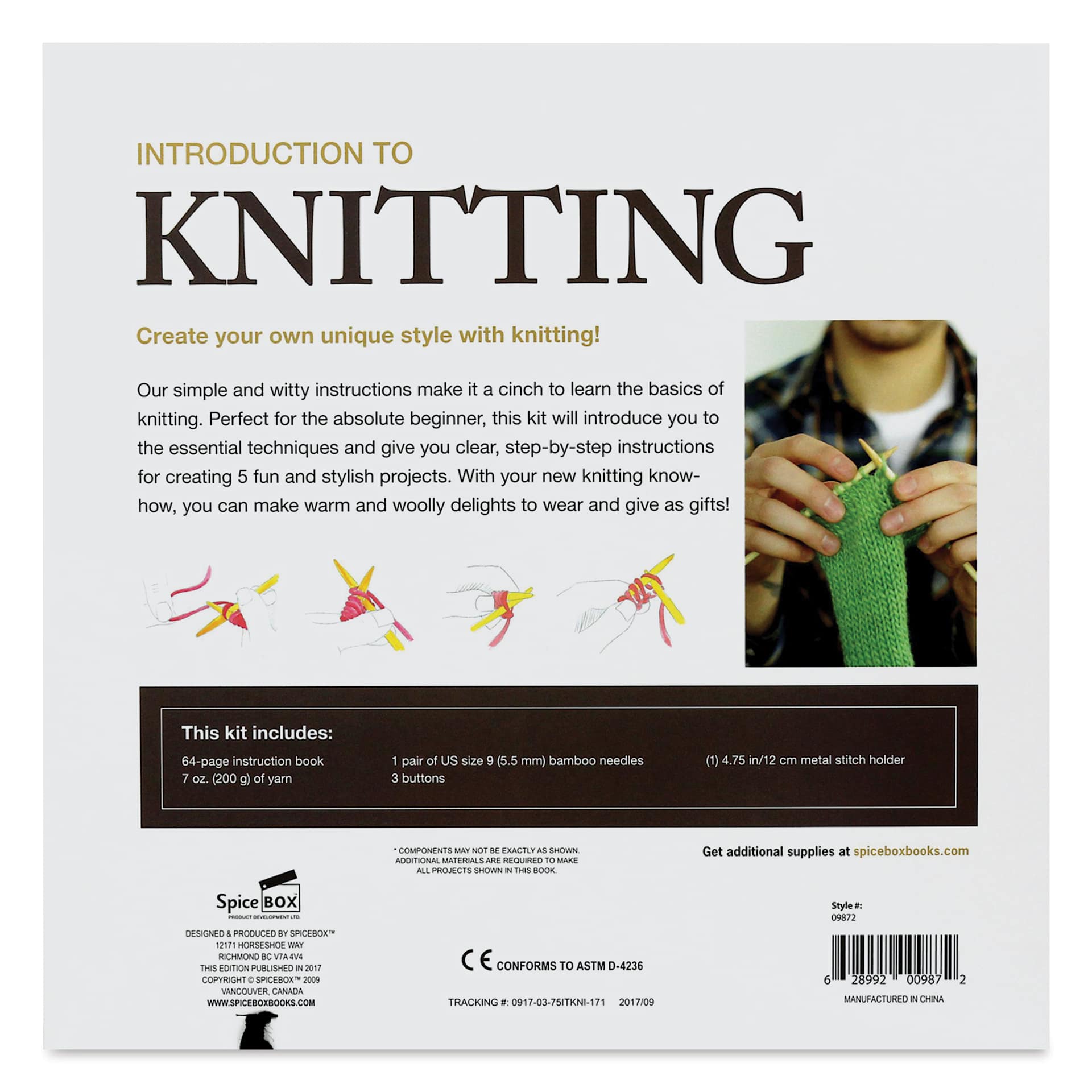 SpiceBox Introduction to Knitting Kit (Back of package)