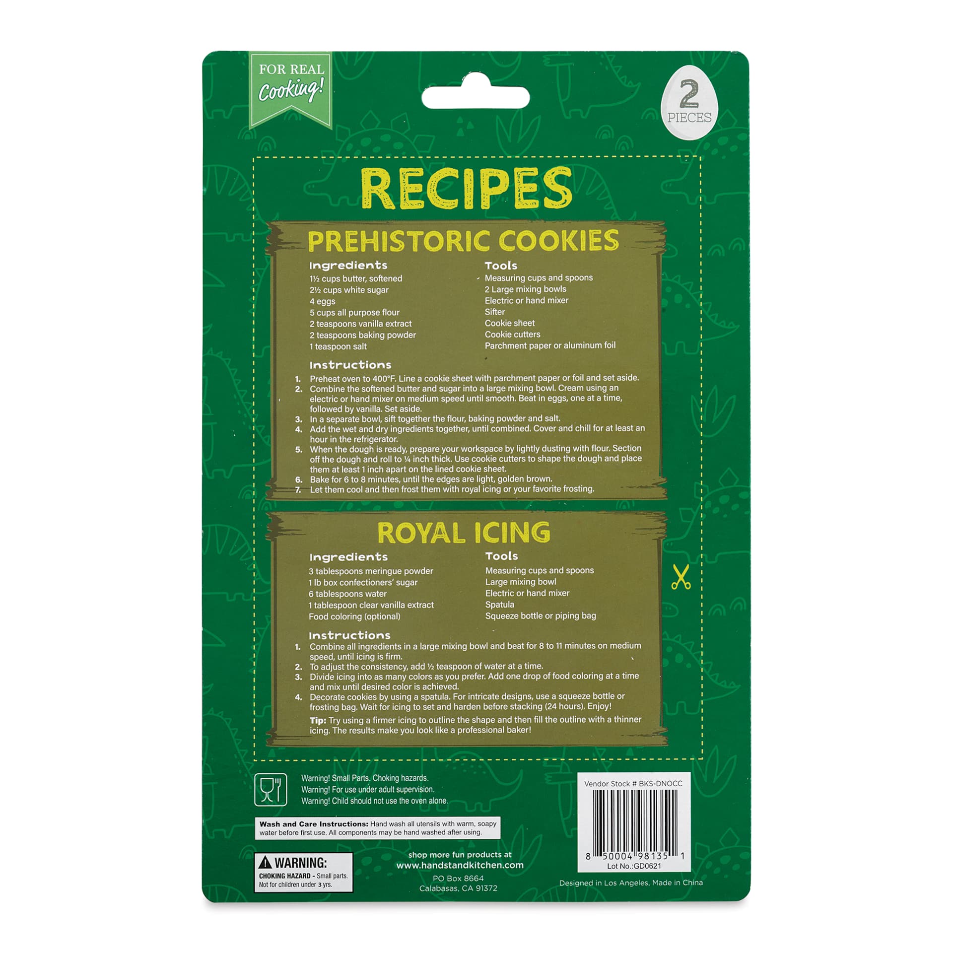 Handstand Kitchen Cookie Cutter Set - Dinosaur, Pkg of 2, back of the packaging.