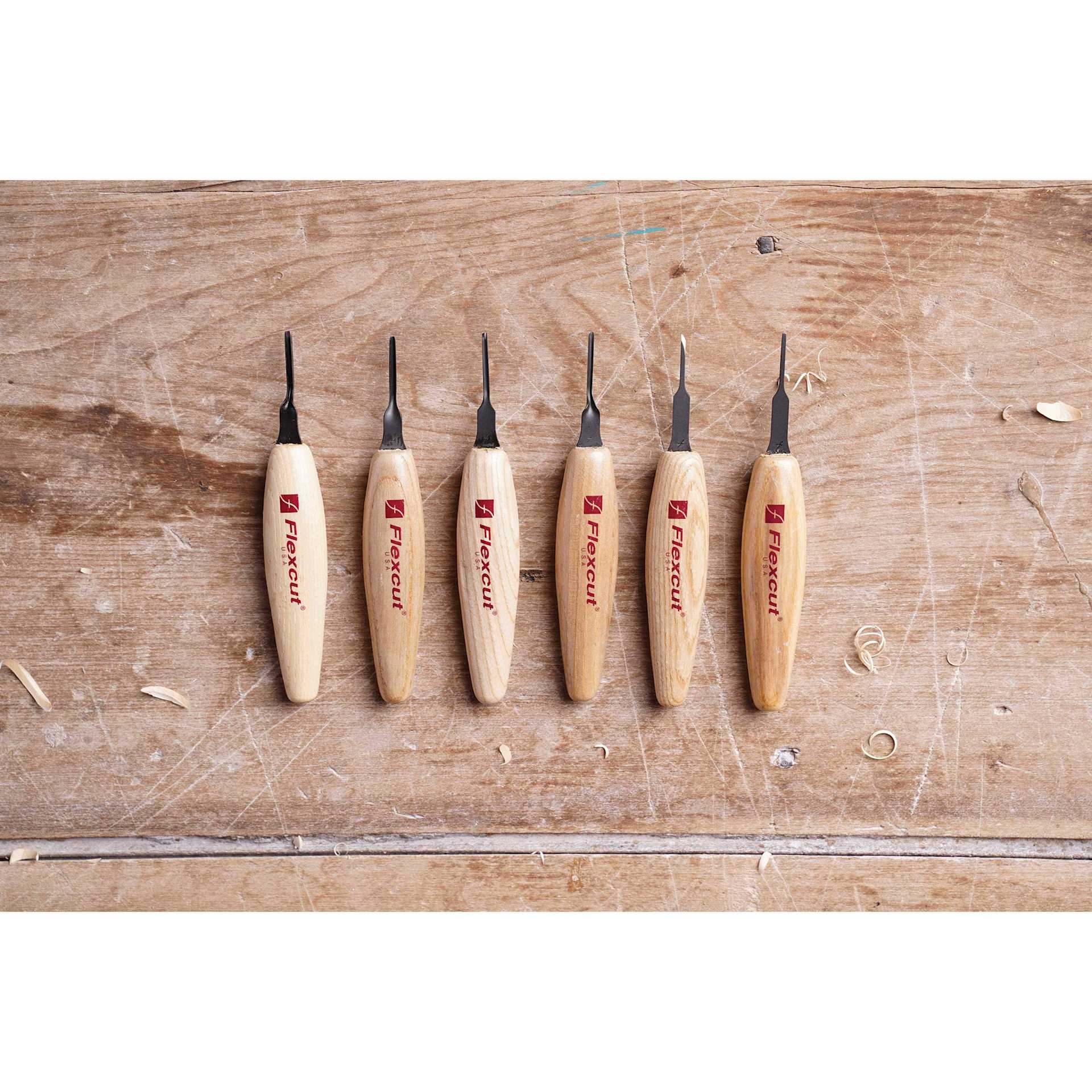 Flexcut Mixed Profile Micro Tool Set - out of packaging on workbench