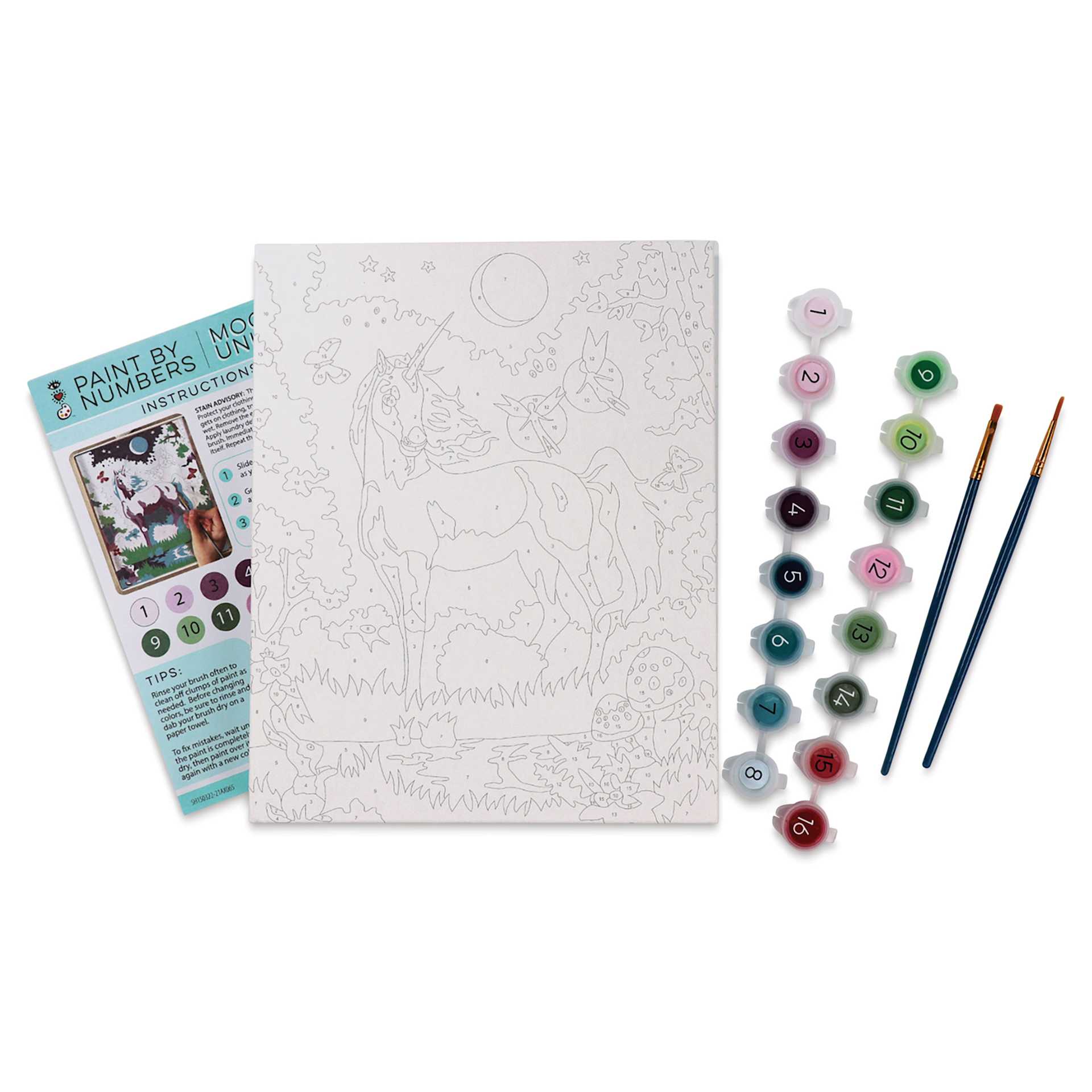 Bright Stripes iHeartArt Paint By Number Kit - Moonlit Unicorn, kit contents