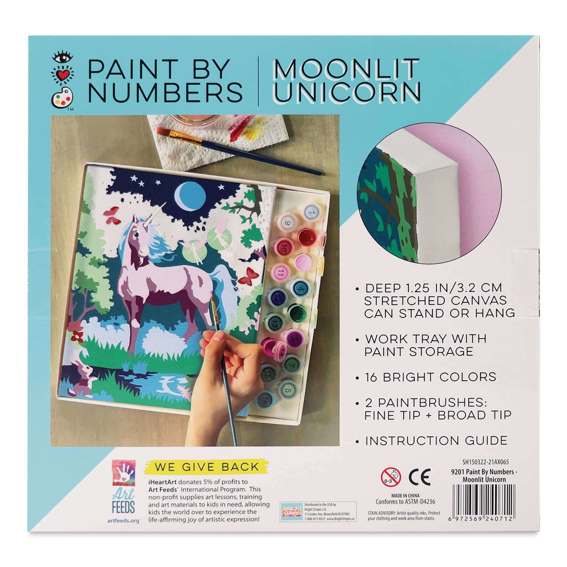 Bright Stripes iHeartArt Paint By Number Kit - Moonlit Unicorn, back of packaging