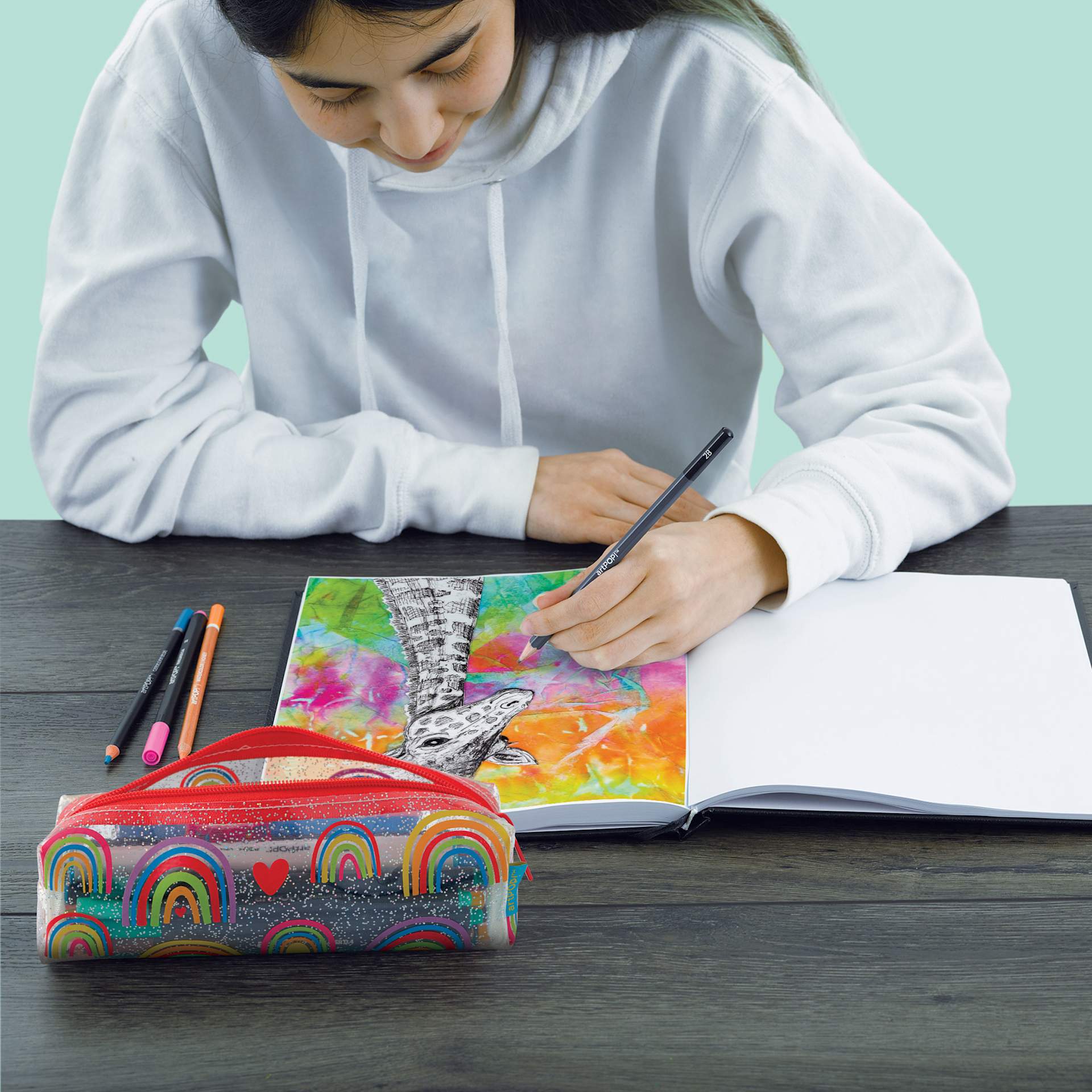 artPOP! Rainbow Pencil Case - Primary, on desk