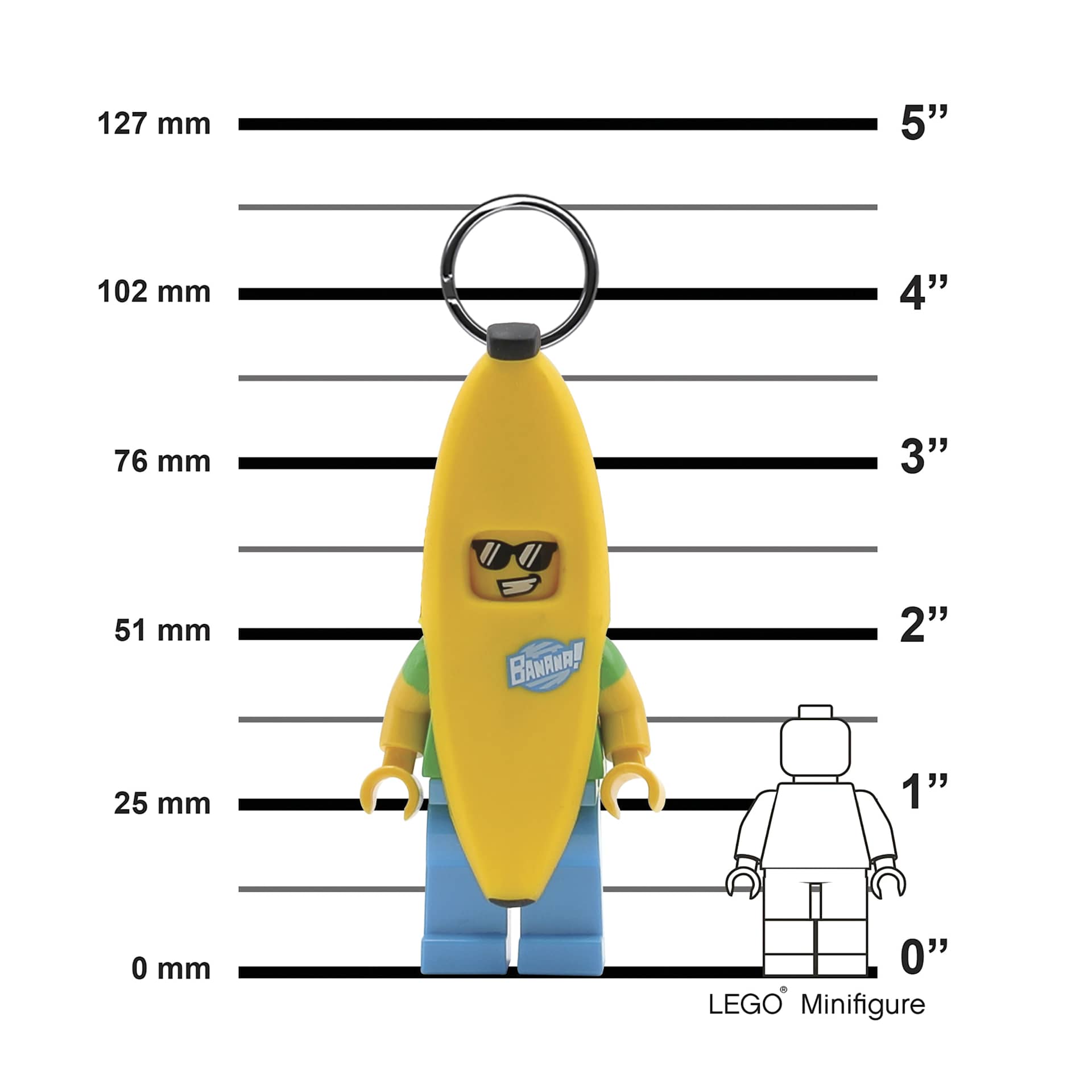 LEGO Iconic LED Keychain Light - Banana Guy, scaled next to standard minifigure