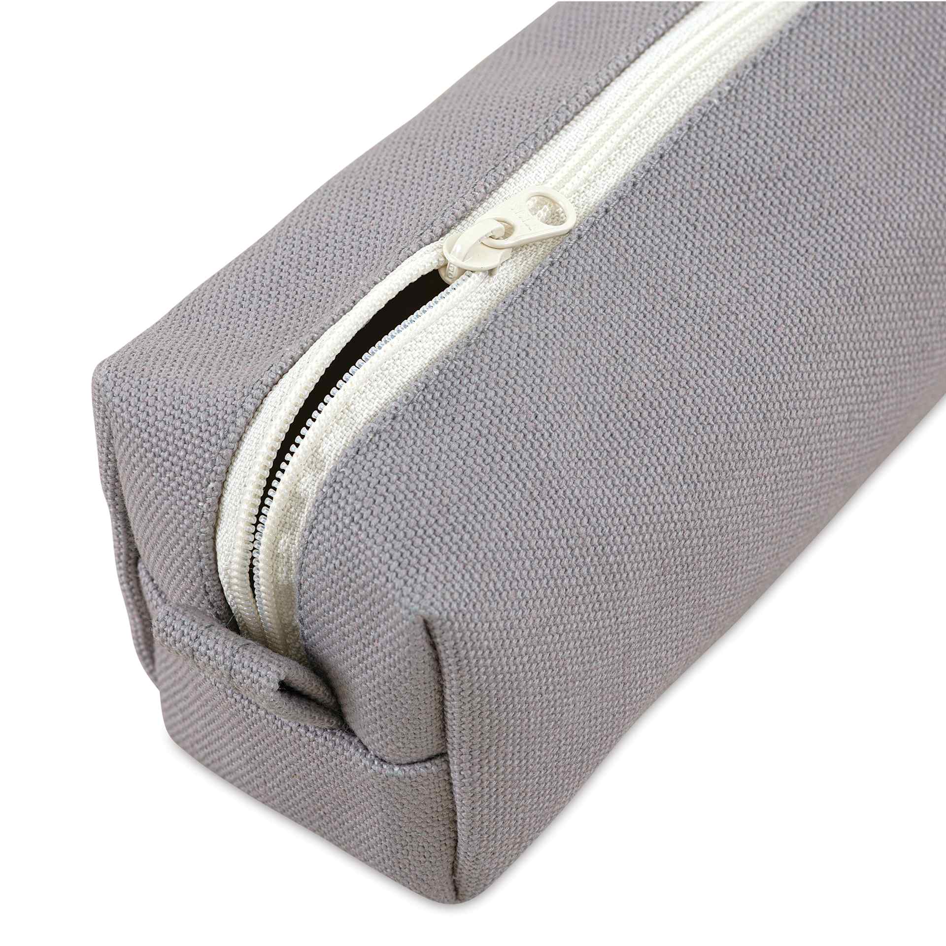 Luddite Canvas Box Pen Case - Grey, partially unzipped