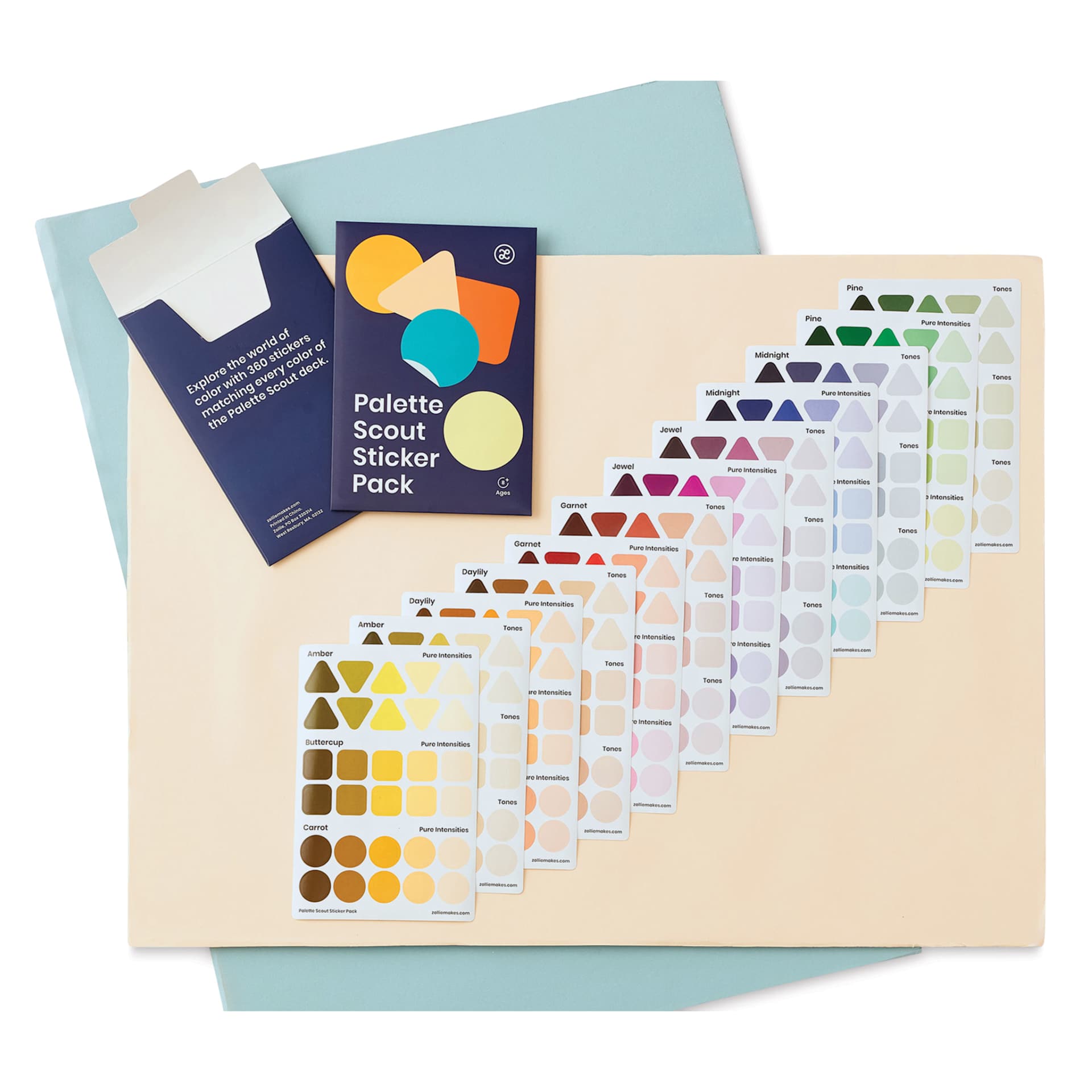 Zollie Palette Scout Sticker Pack, contents laid out