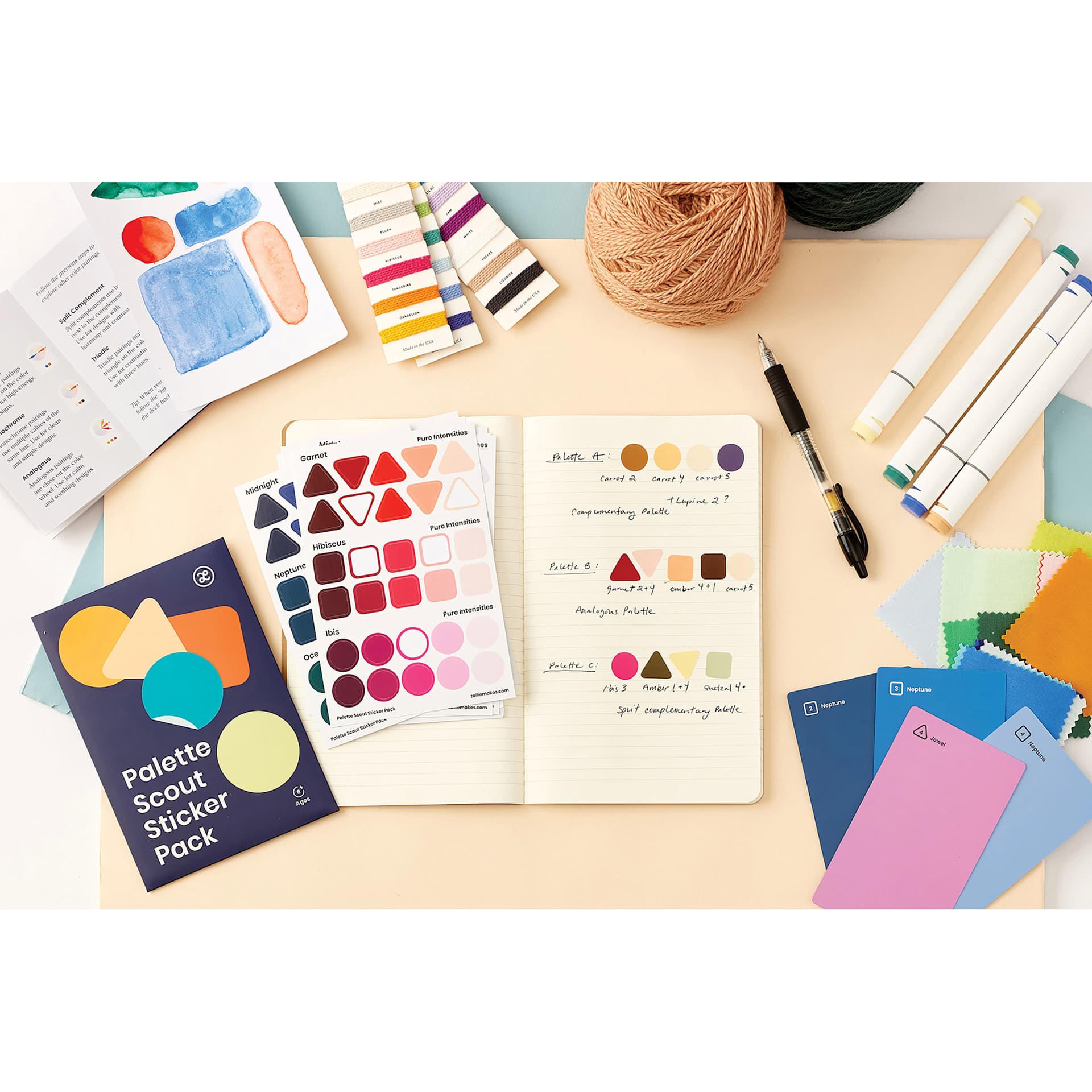 Zollie Palette Scout Sticker Pack, stickers on notebook page with other supplies (not included)