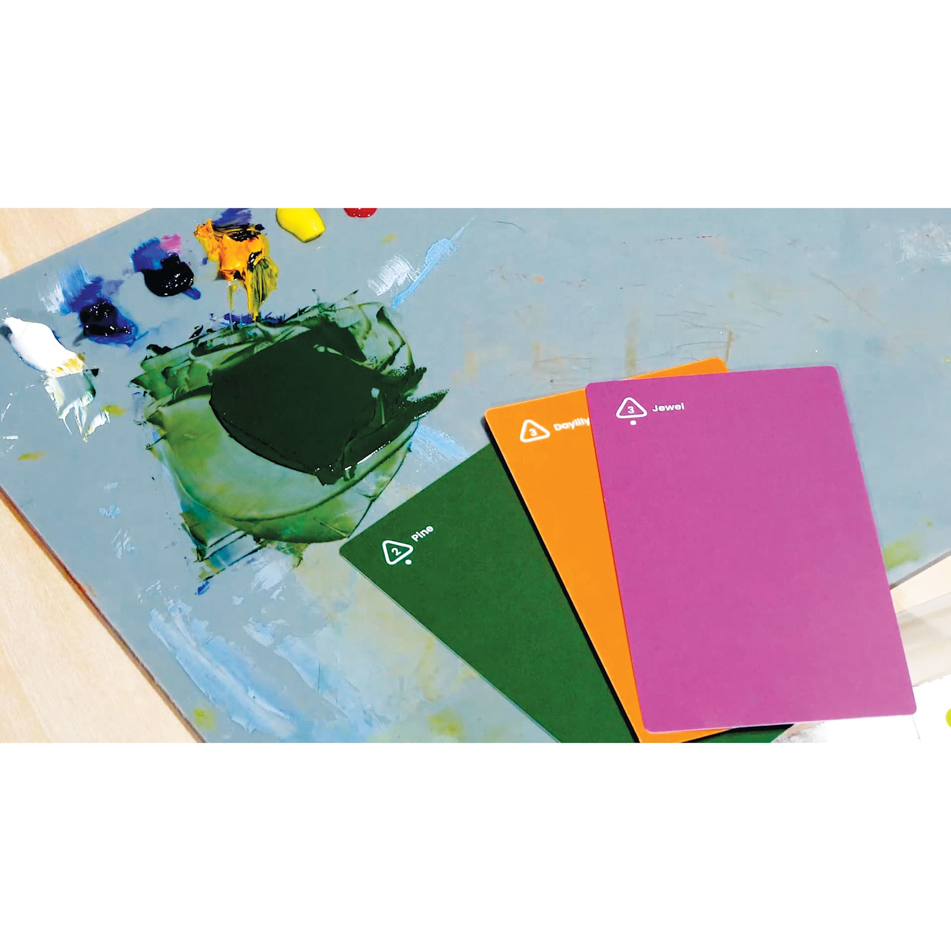 Zollie Palette Scout Color Theory Cards and Expansion Deck, cards next to paint swatches