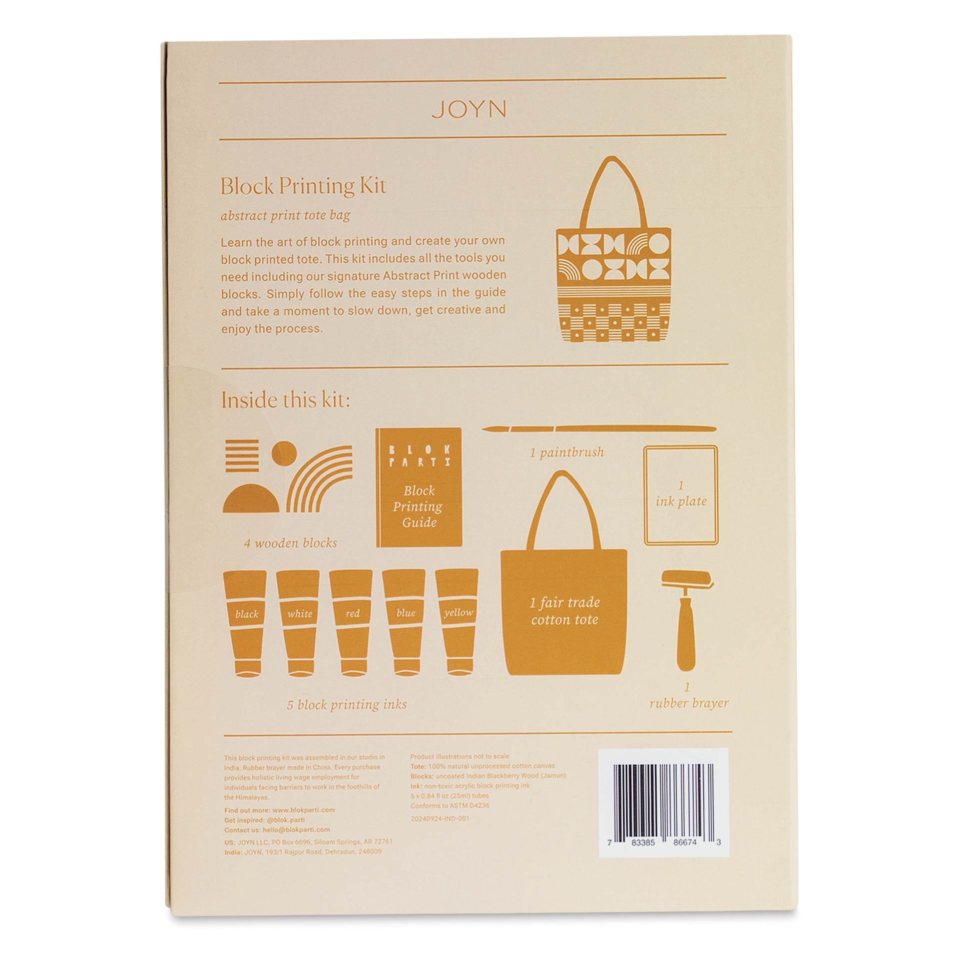 JOYN Blok Parti Block Printing Kit - Abstract, back of packaging