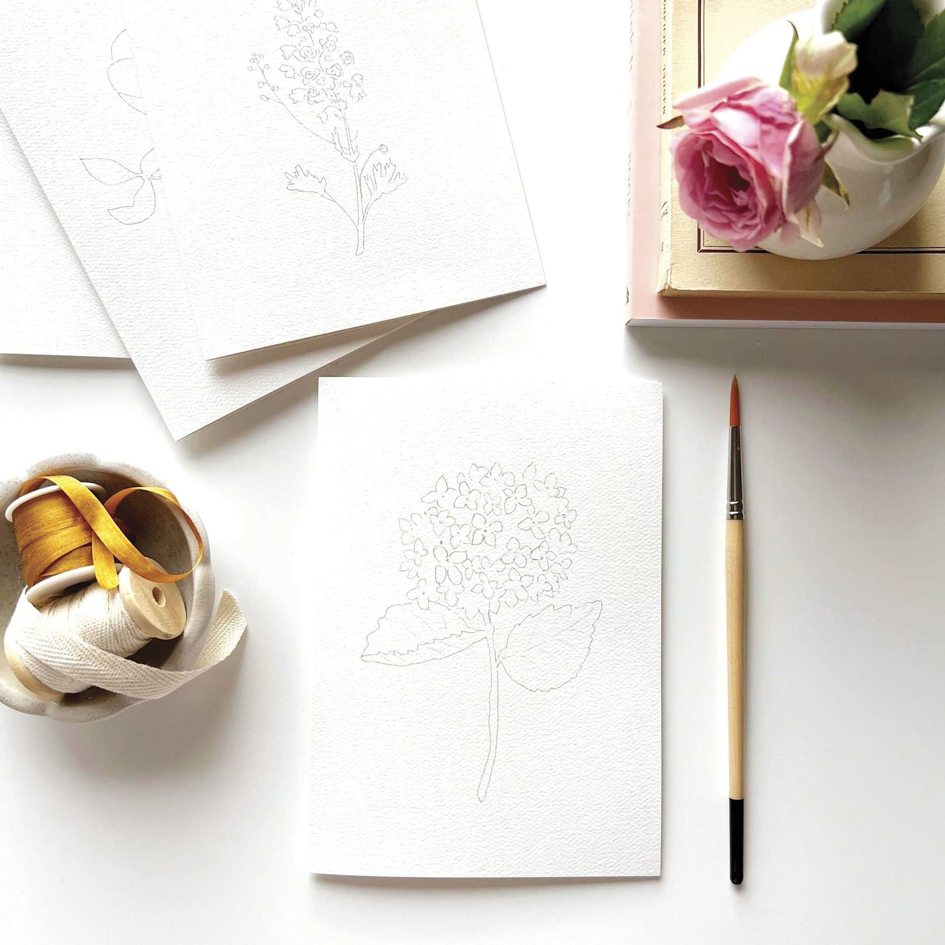 Emily Lex Studio Garden Flowers Paintable Notecards - 5' x 7", Pkg of 8, individual notecard on studio desk