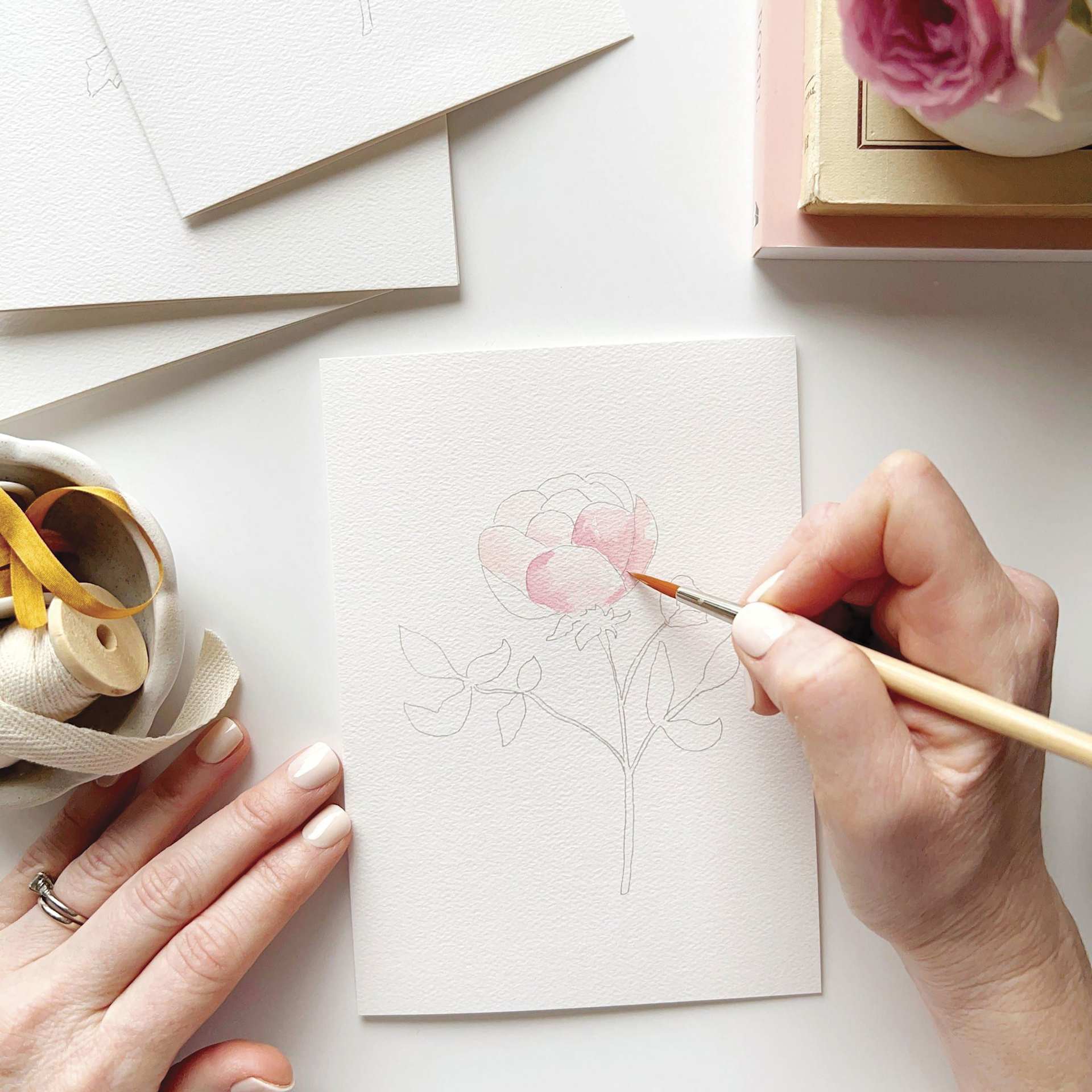 Emily Lex Studio Garden Flowers Paintable Notecards - 5' x 7", Pkg of 8, notecard being painted with watercolor