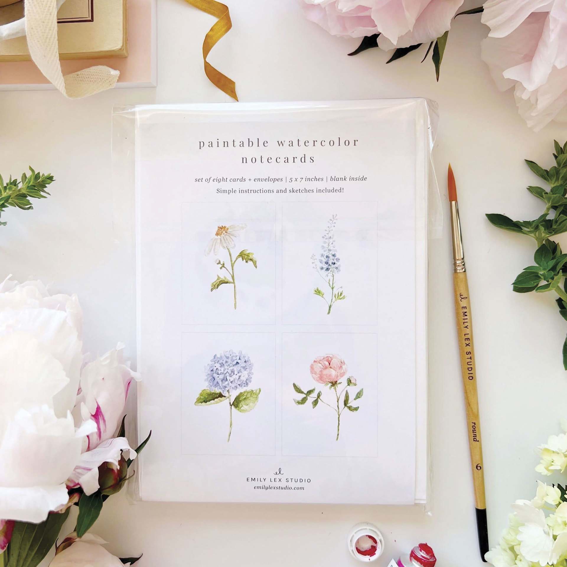 Emily Lex Studio Garden Flowers Paintable Notecards - 5' x 7", Pkg of 8, on studio desk