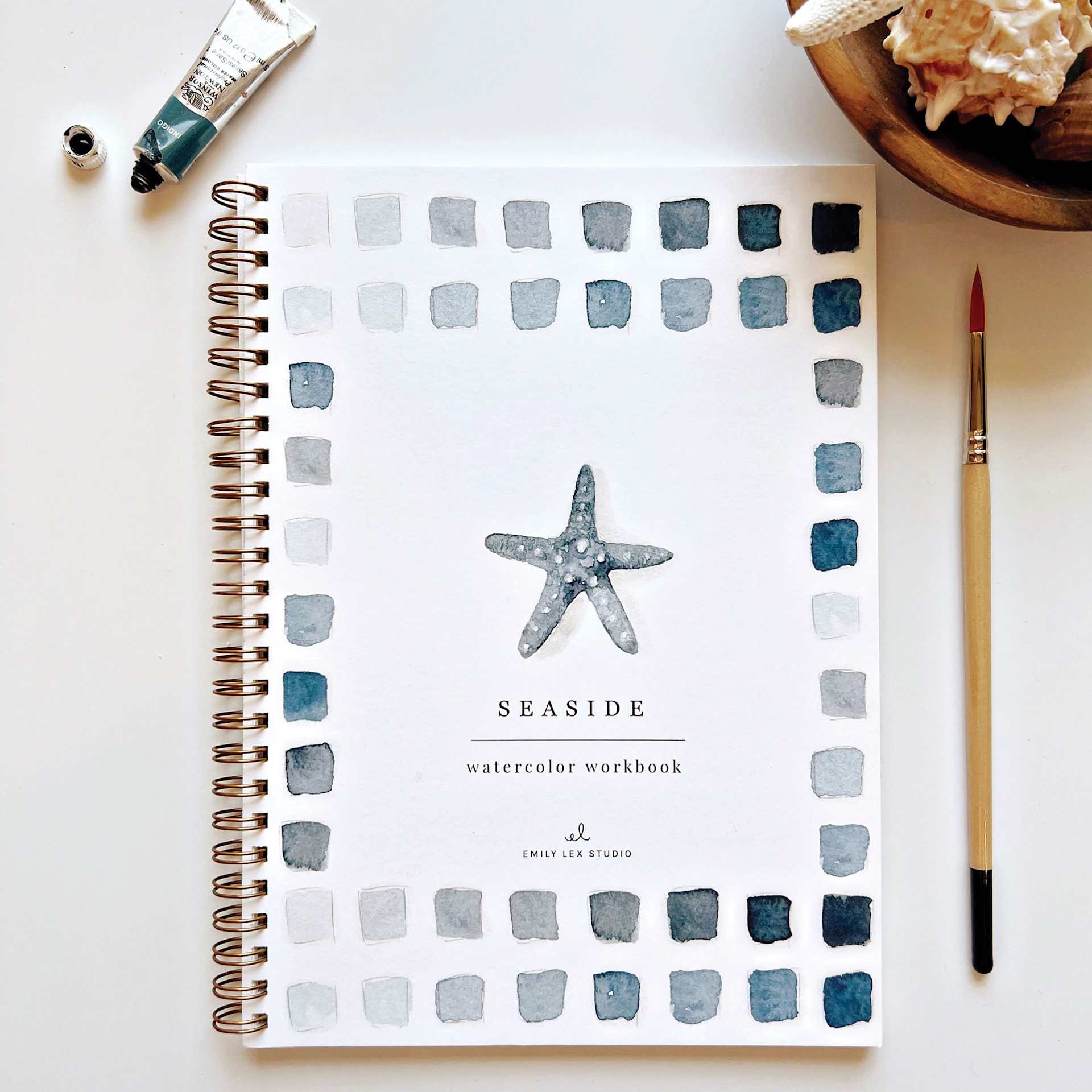 Emily Lex Studio Seaside Watercolor Workbook - 6-1/2" x 9", on desk with supplies