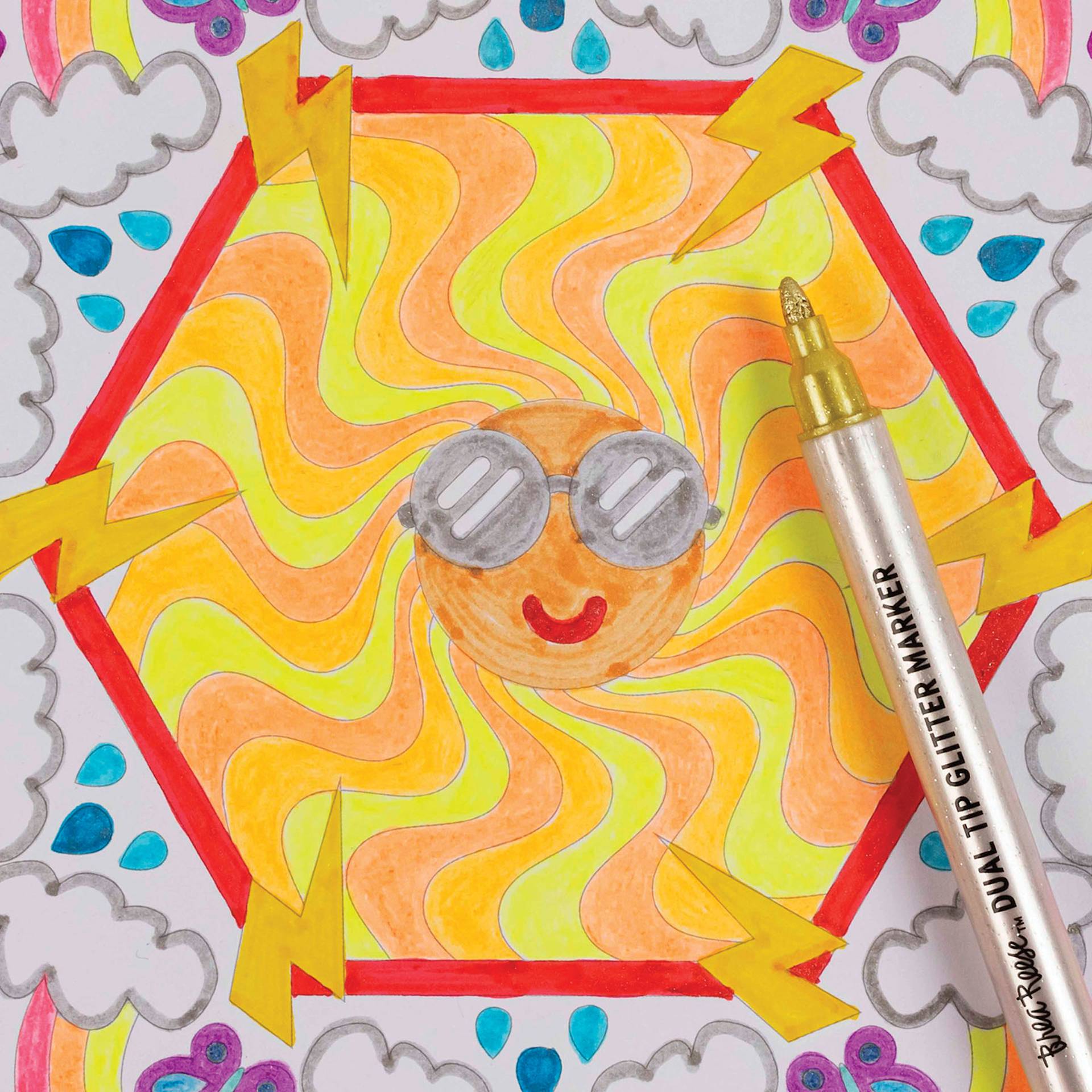 Brea Reese Vivid Mixed Media Coloring Pad - Hex, 8.8" x 9", sun page