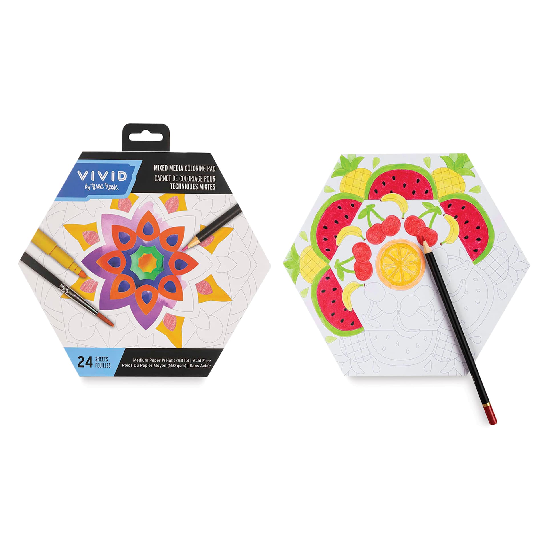 Brea Reese Vivid Mixed Media Coloring Pad - Hex, 8.8" x 9", front of pad and example page