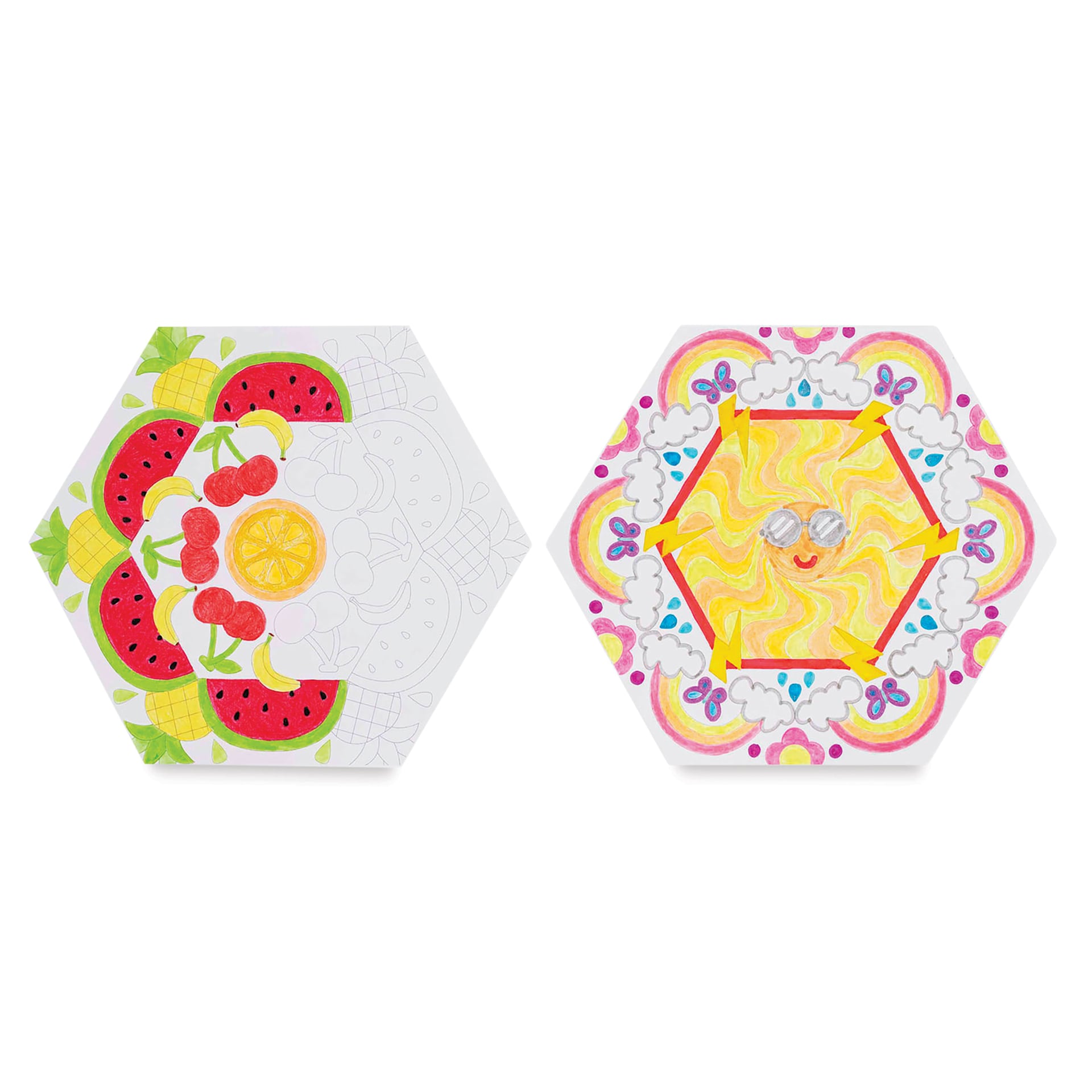 Brea Reese Vivid Mixed Media Coloring Pad - Hex, 8.8" x 9", half-finished and finished page