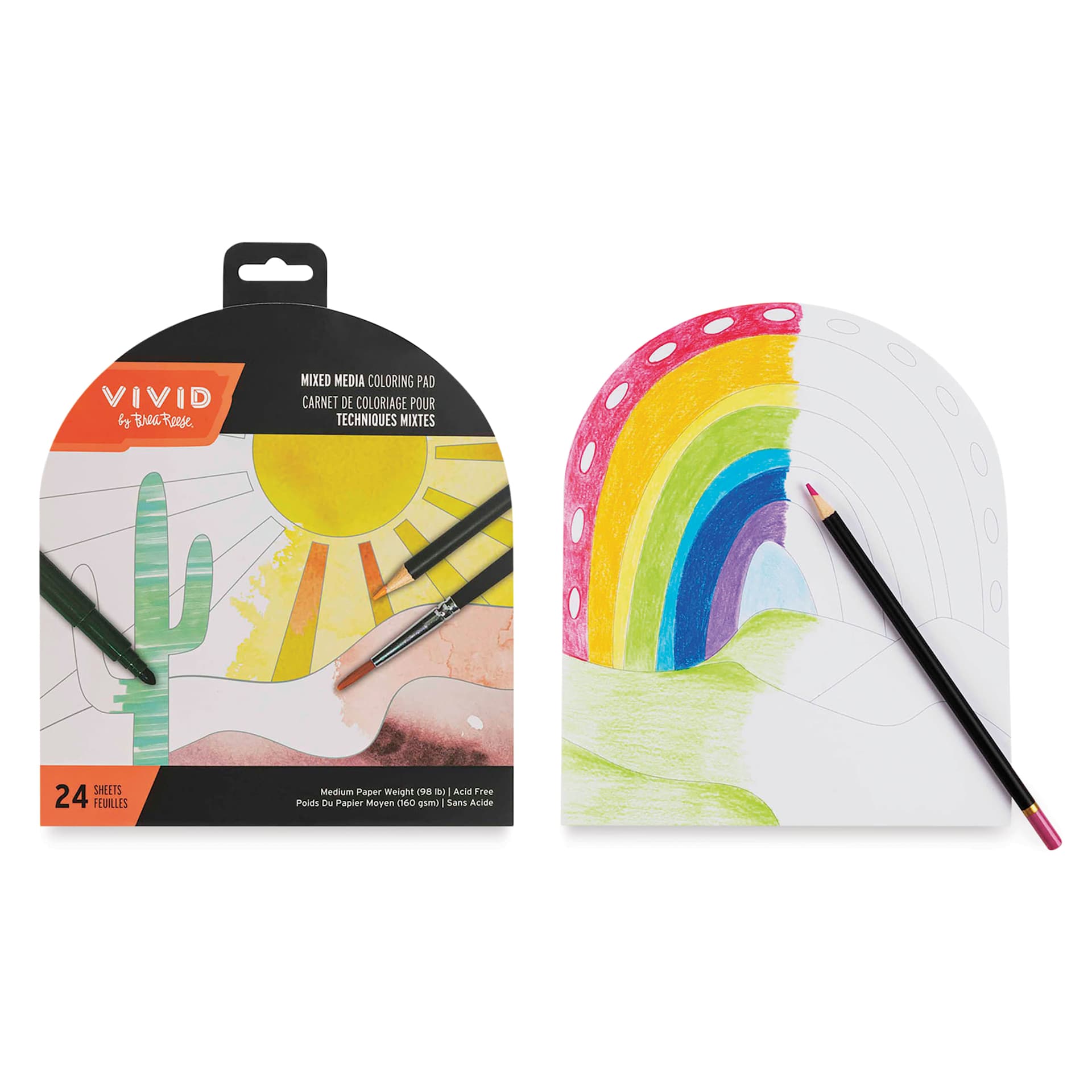 Brea Reese Vivid Mixed Media Coloring Pad - Boho, 7.6" x 9.4", front cover and rainbow page