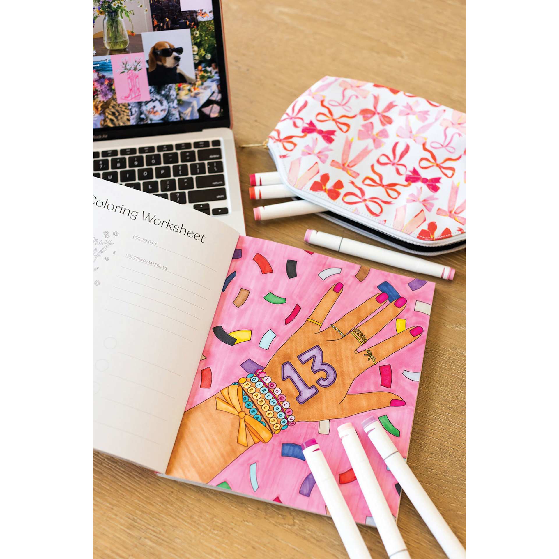 Elyse Breanne Put a Bow On It Coloring Book, on desk