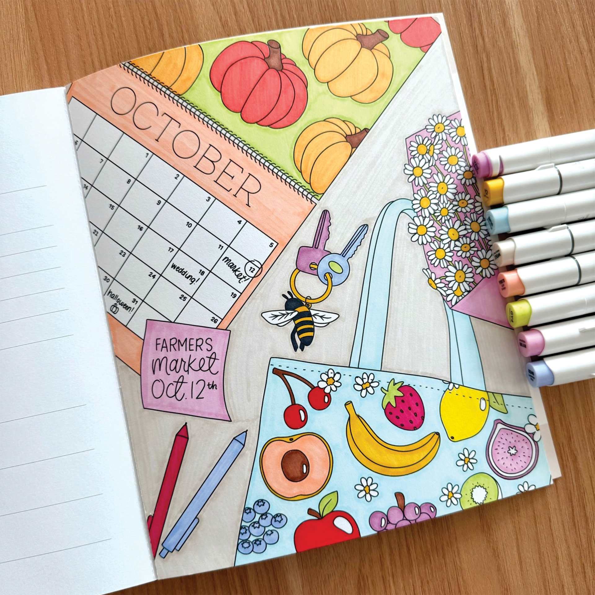 Elyse Breanne Farmer’s Market Coloring Book, October calendar on desk coloring page