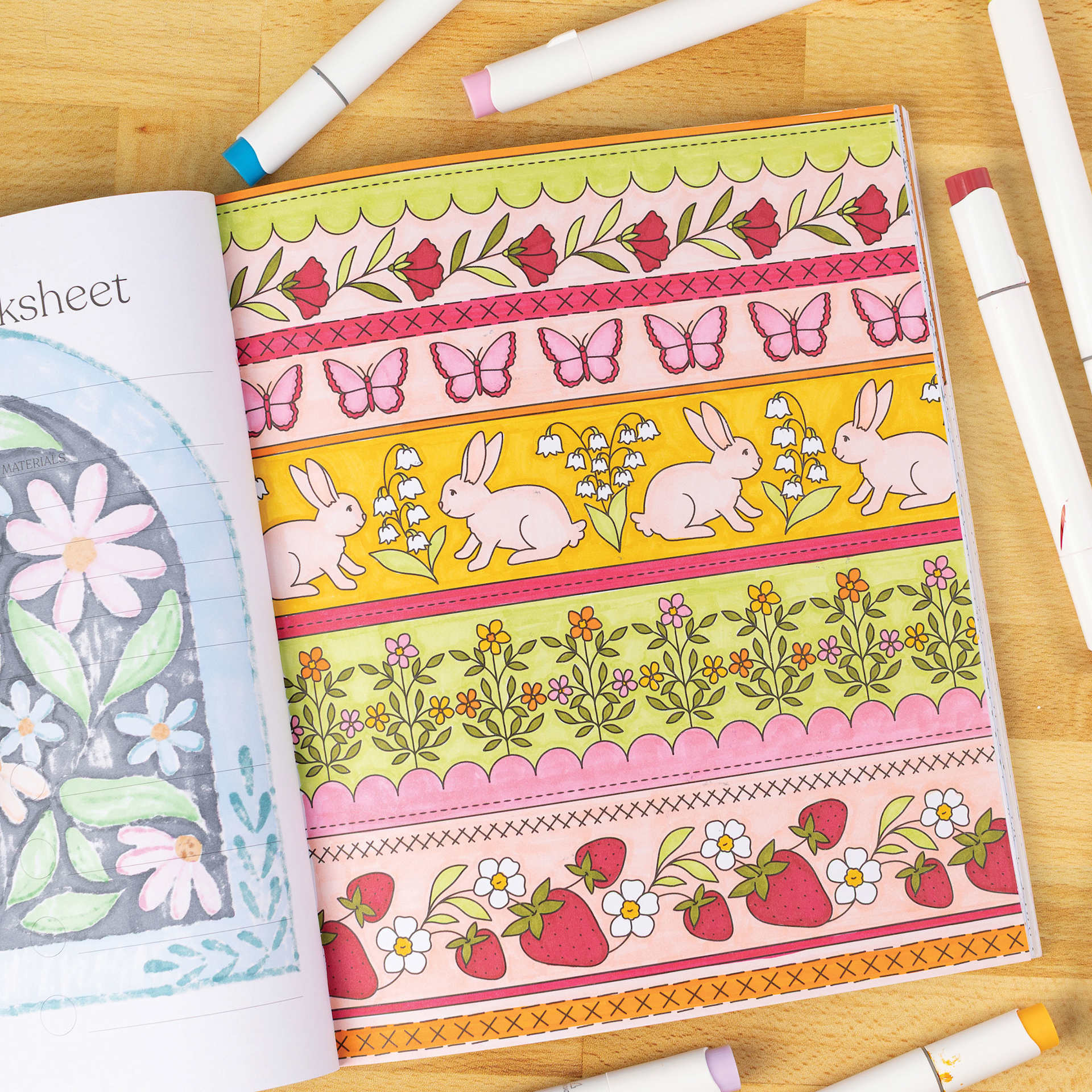 Elyse Breanne Garden Avenue Coloring Book, strawberries, rabbits, and butterflies
